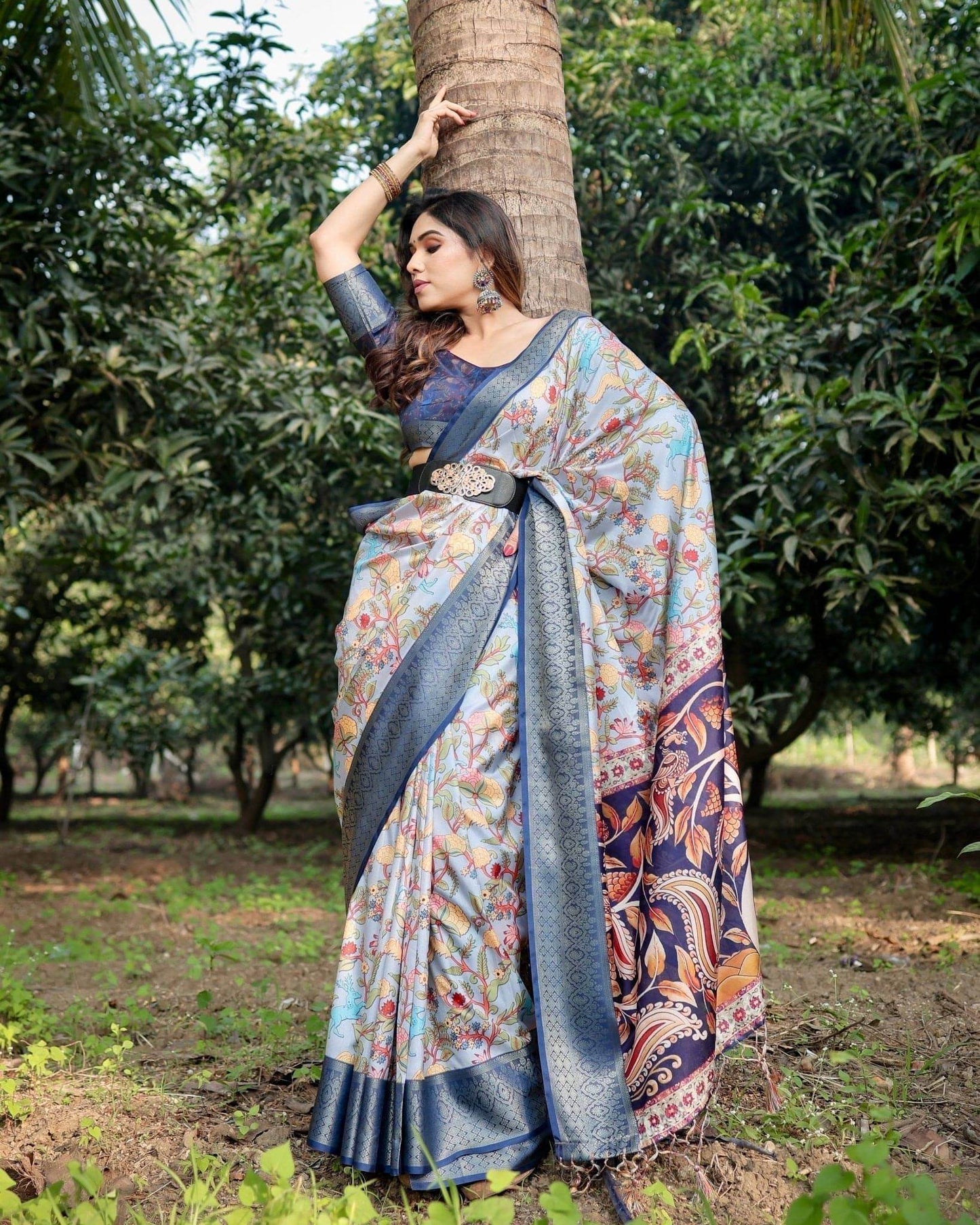 Sky Blue and Navy Digital Print Tussar Silk Saree with Zari Woven Border and Floral Motif Pallu - SEEANS