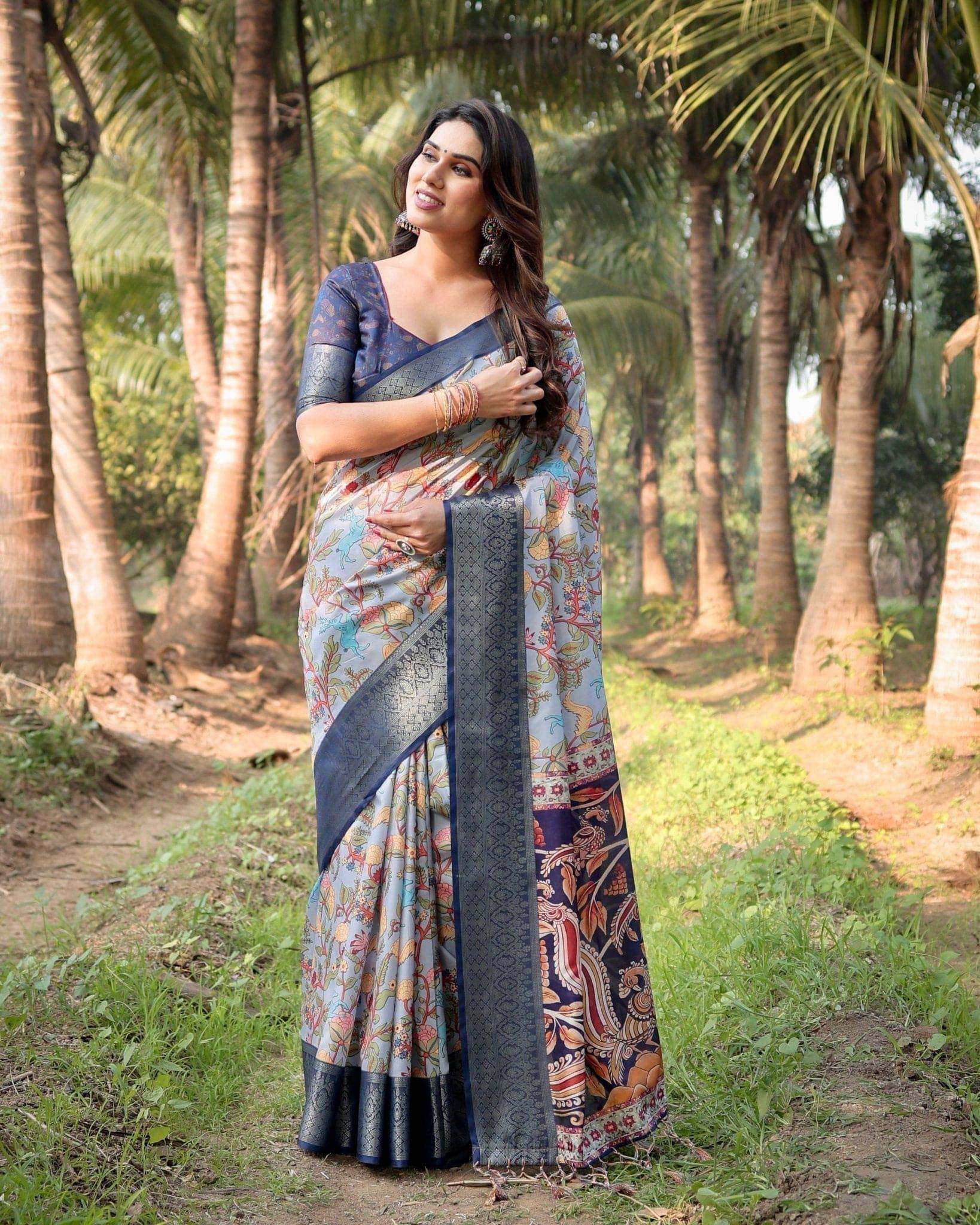 Sky Blue and Navy Digital Print Tussar Silk Saree with Zari Woven Border and Floral Motif Pallu - SEEANS