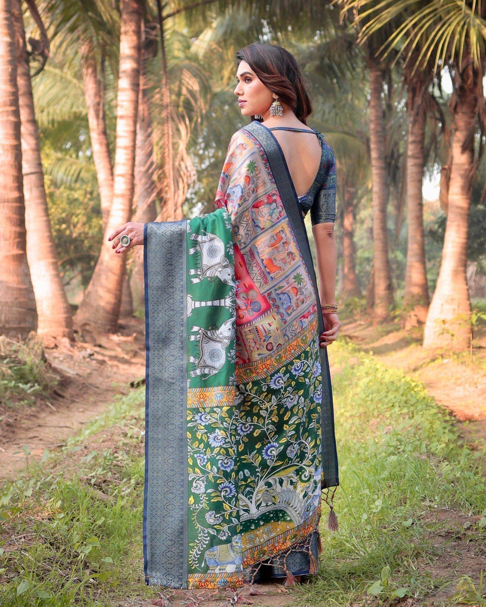 Multicolored Digital Print Tussar Silk Saree with Intricate Zari Border and Elephant Motif Pallu - SEEANS