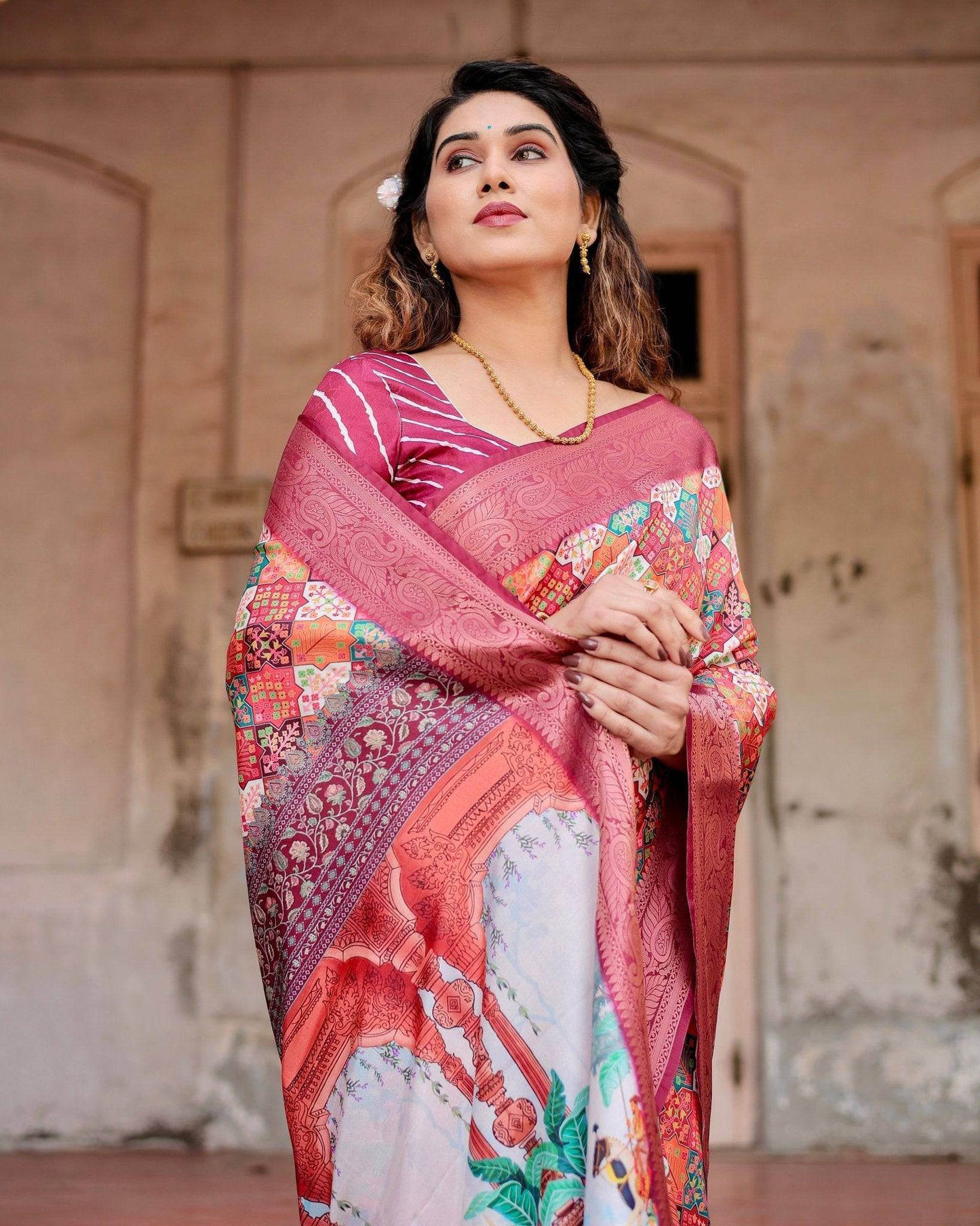 Maroon Tussar Silk Saree with Vibrant Geometric Tile Print and Zari Paisley Border - SEEANS