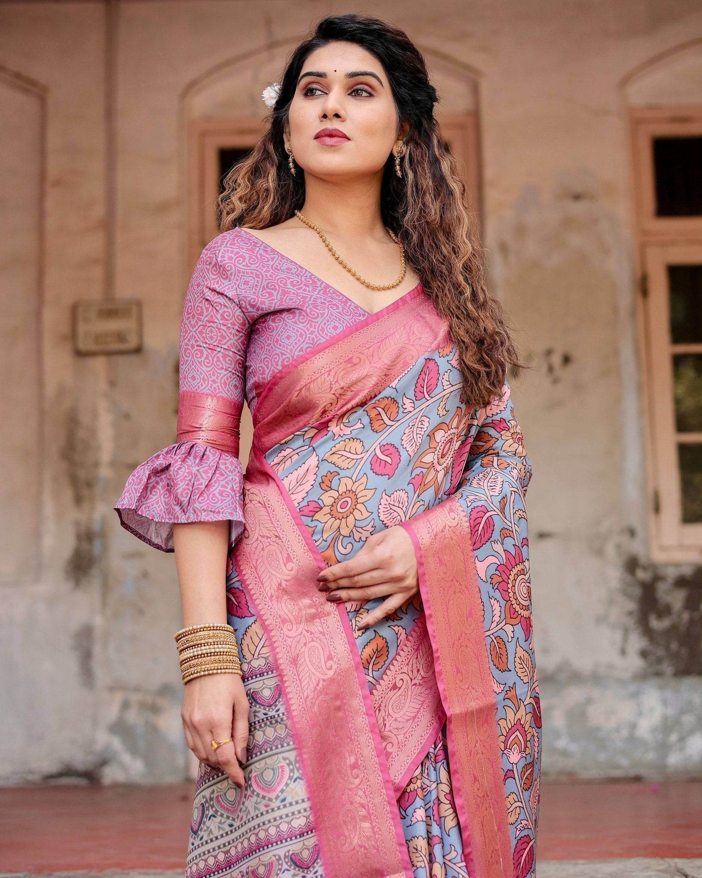 Graceful Grey Tussar Silk Saree with Pink Zari Border and Intricate Floral Motifs - SEEANS