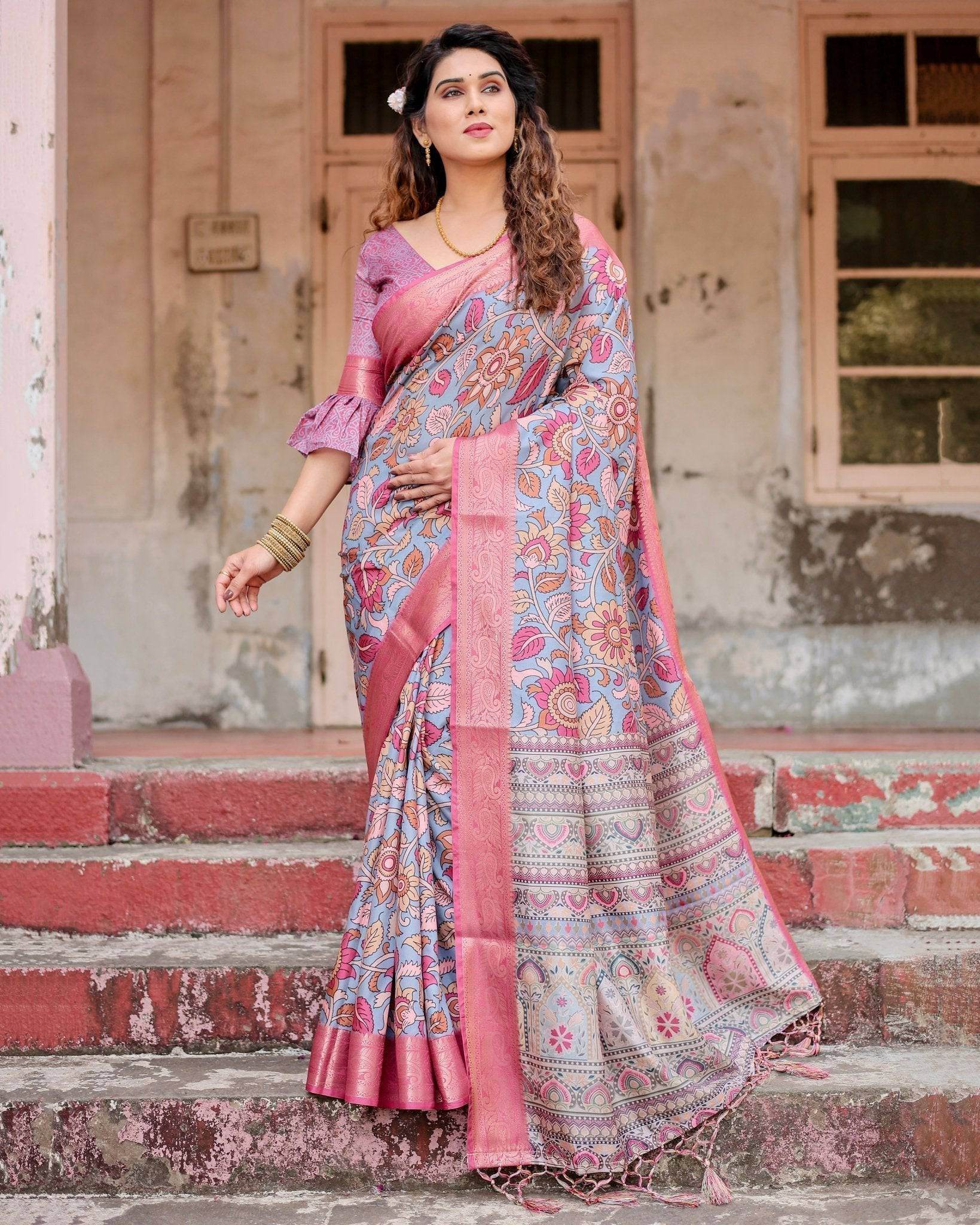 Graceful Grey Tussar Silk Saree with Pink Zari Border and Intricate Floral Motifs - SEEANS