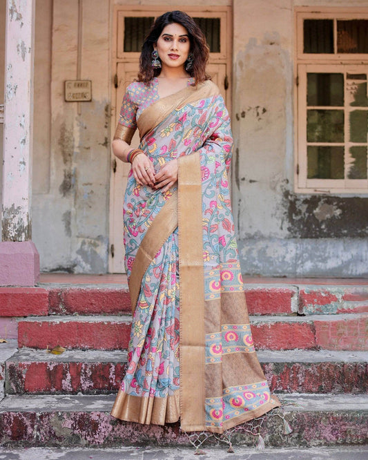 Exquisite Gray Floral Digital Print Saree with Golden Border and Ornamental Pallu - SEEANS