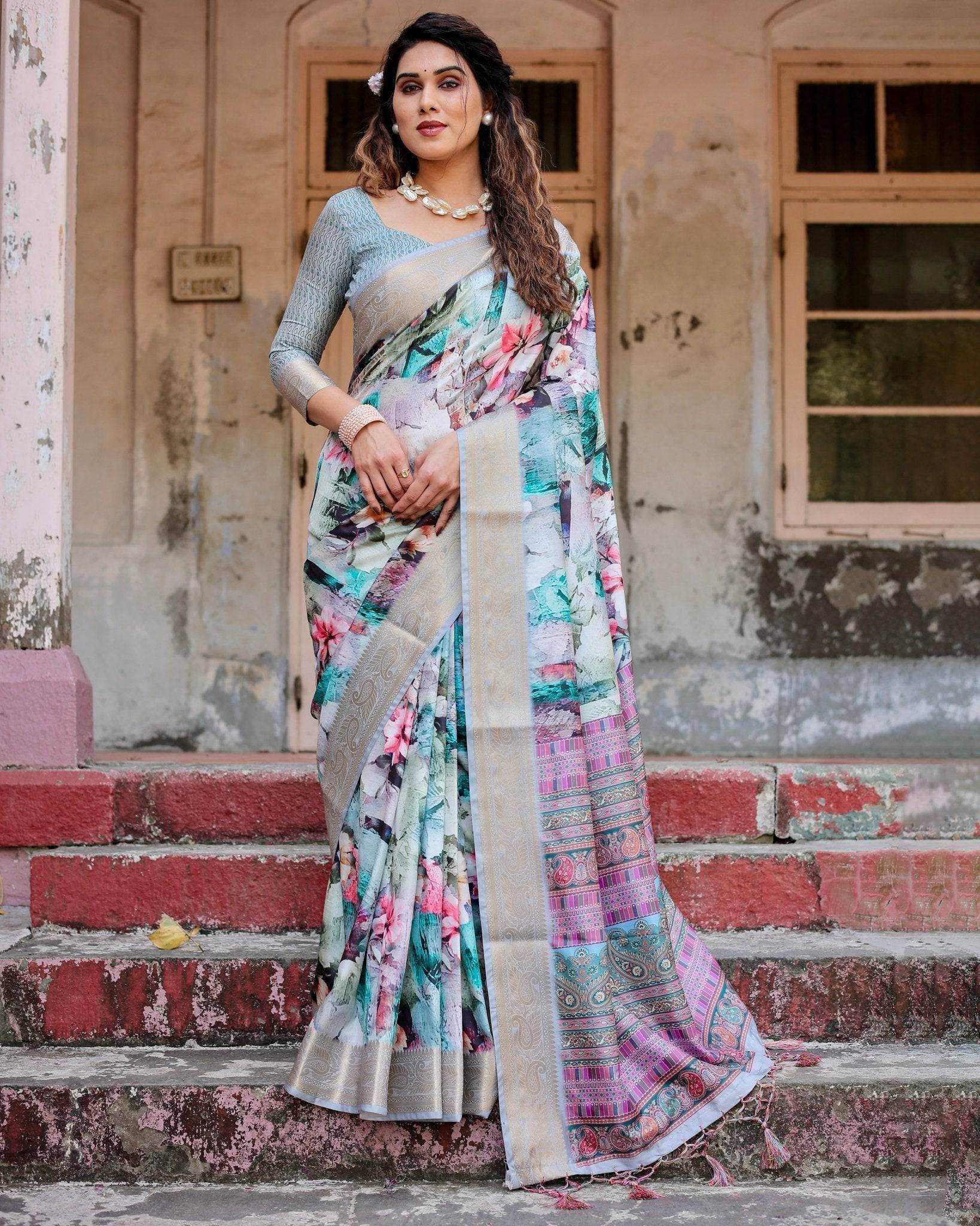 Graceful Floral Digital Print Saree with Gold Paisley Border and Multicolor Pallu - SEEANS