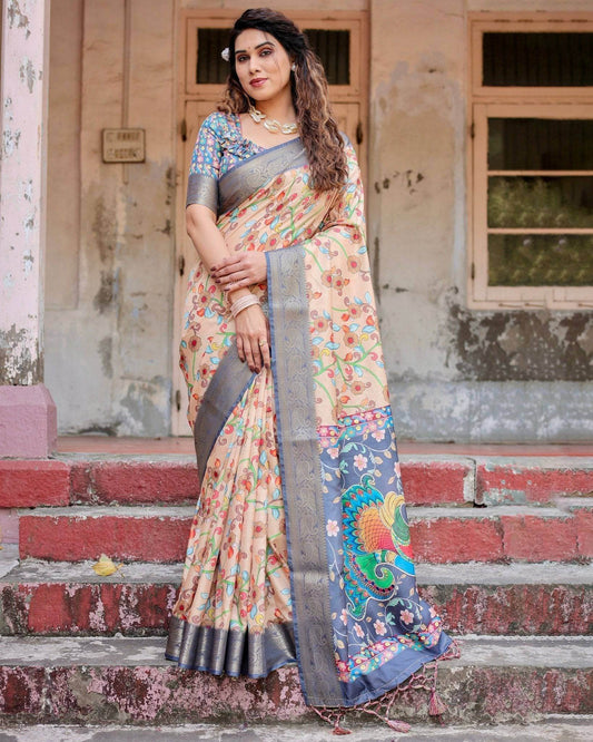 Peach and Navy Blue Floral Saree with Vibrant Peacock Pallu and Tassel Detailing - SEEANS