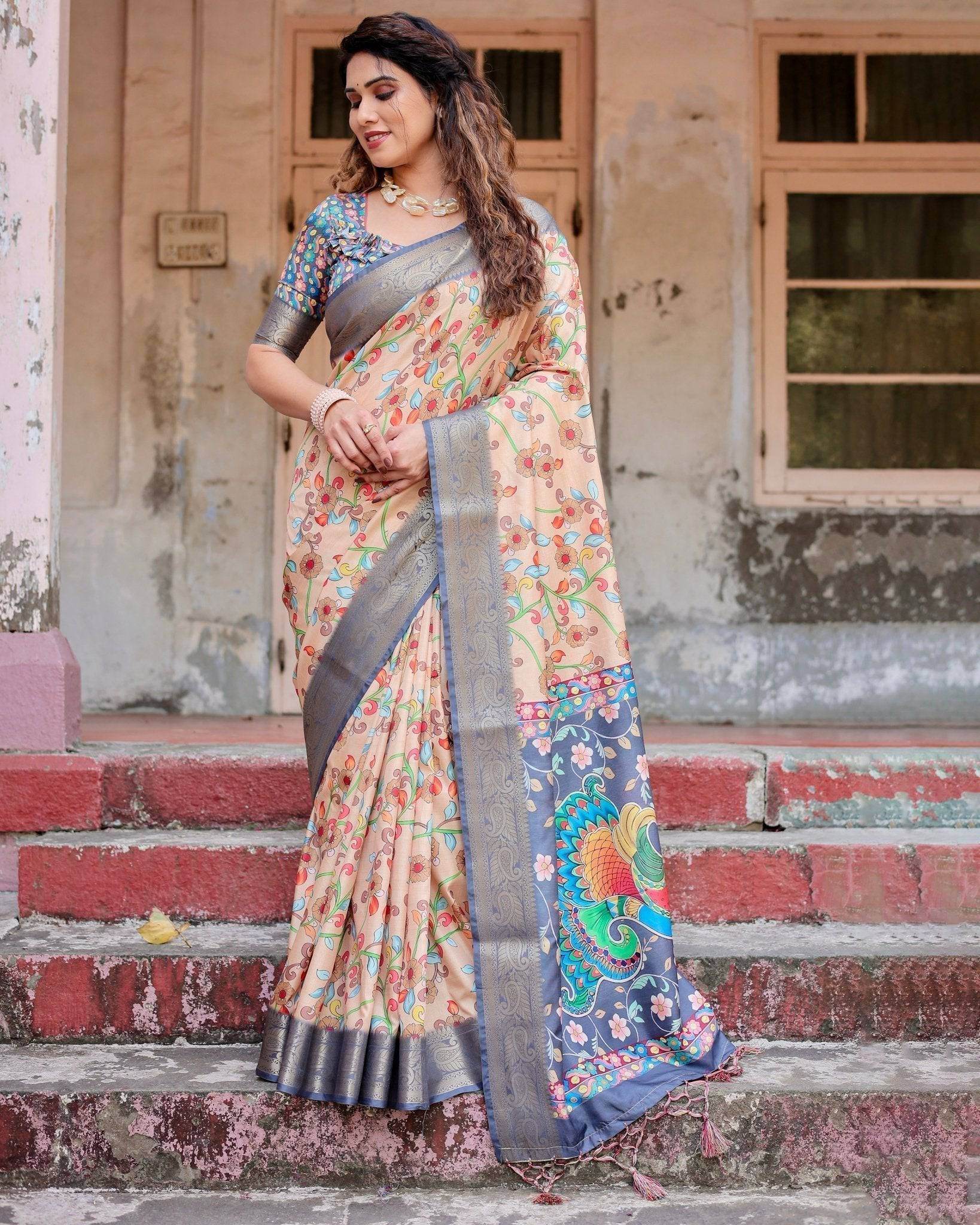 Peach and Navy Blue Floral Saree with Vibrant Peacock Pallu and Tassel Detailing - SEEANS