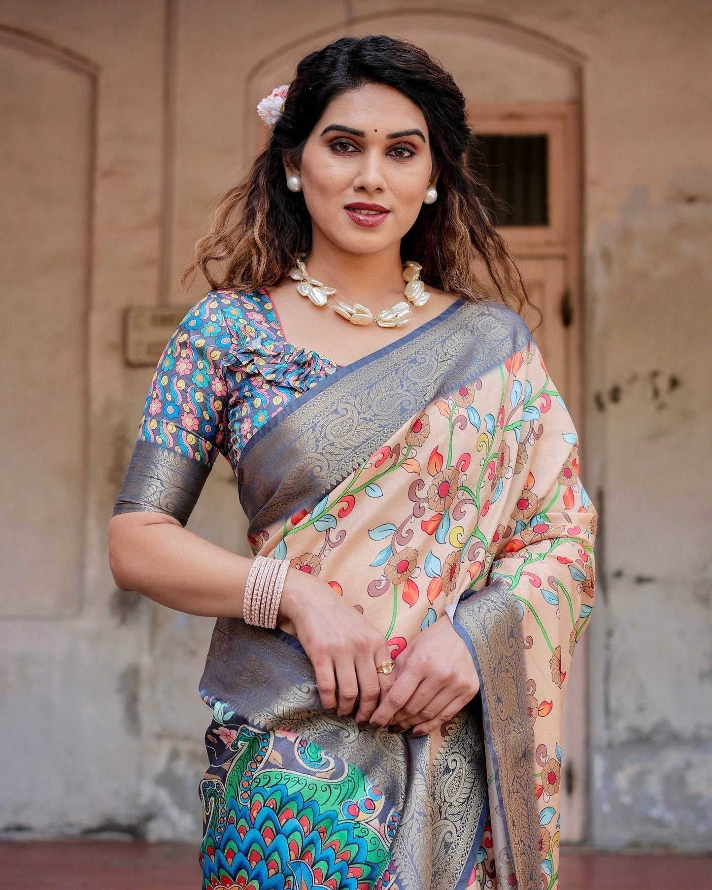 Peach and Navy Blue Floral Saree with Vibrant Peacock Pallu and Tassel Detailing - SEEANS