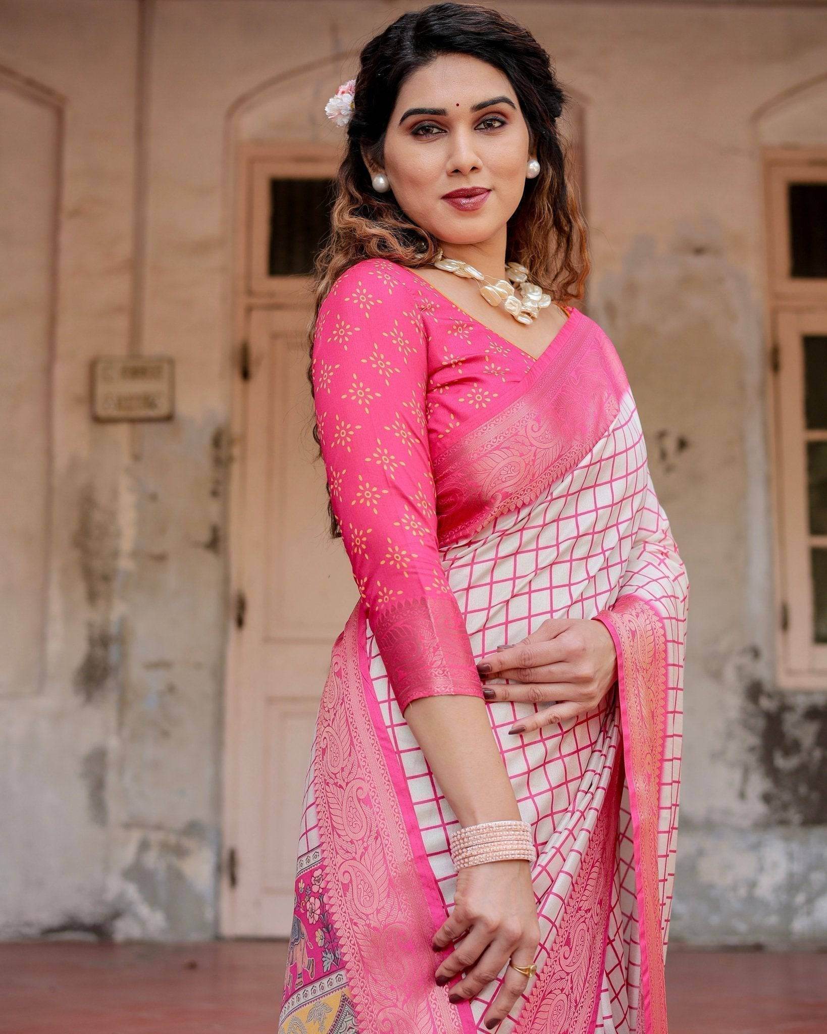 Pink and Ivory Tussar Silk Saree with Golden Zari Border and Majestic Elephant Motif Pallu - SEEANS