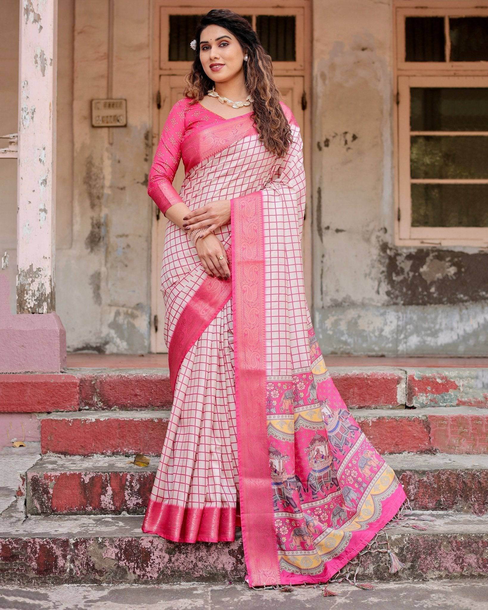 Pink and Ivory Tussar Silk Saree with Golden Zari Border and Majestic Elephant Motif Pallu - SEEANS