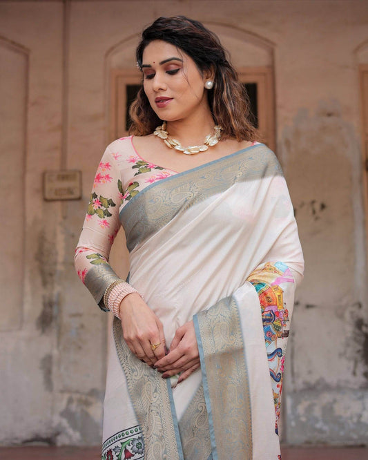 Ivory Tussar Silk Saree with Handcrafted Elephant Motif Pallu and Golden Zari Border - SEEANS