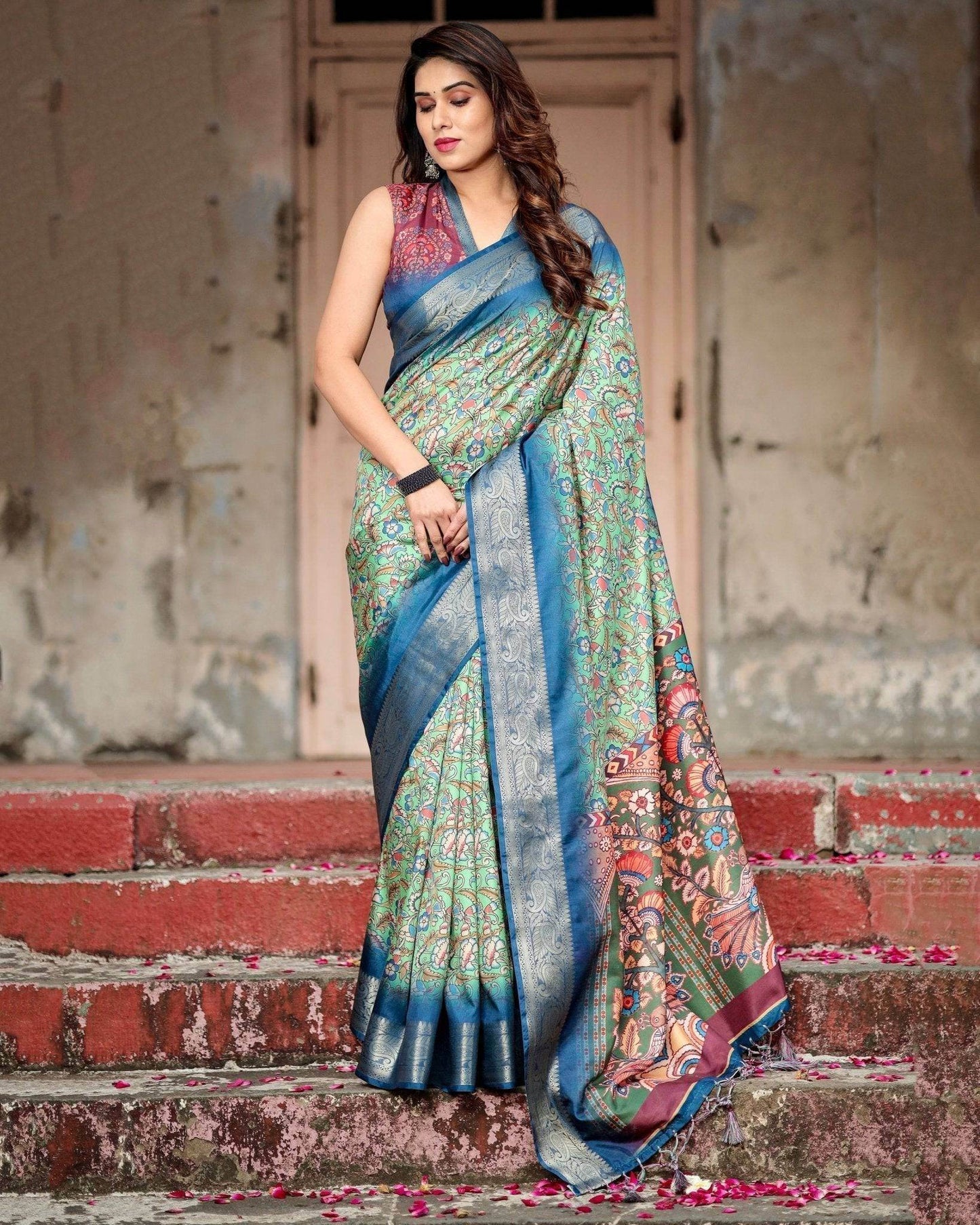 Majestic Blue and Green Digital Print Saree with Intricate Floral Motifs and Contrasting Pallu - SEEANS