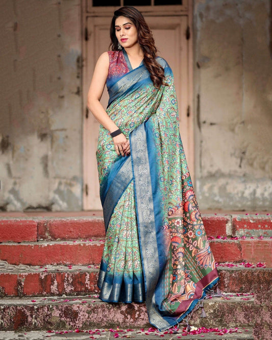 Majestic Blue and Green Digital Print Saree with Intricate Floral Motifs and Contrasting Pallu - SEEANS