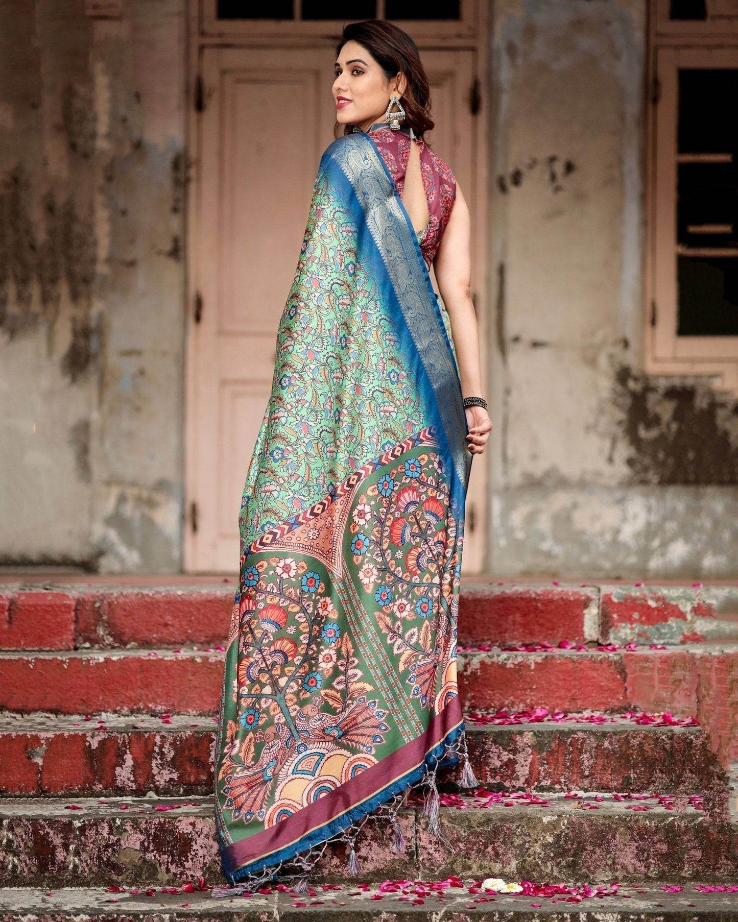 Majestic Blue and Green Digital Print Saree with Intricate Floral Motifs and Contrasting Pallu - SEEANS