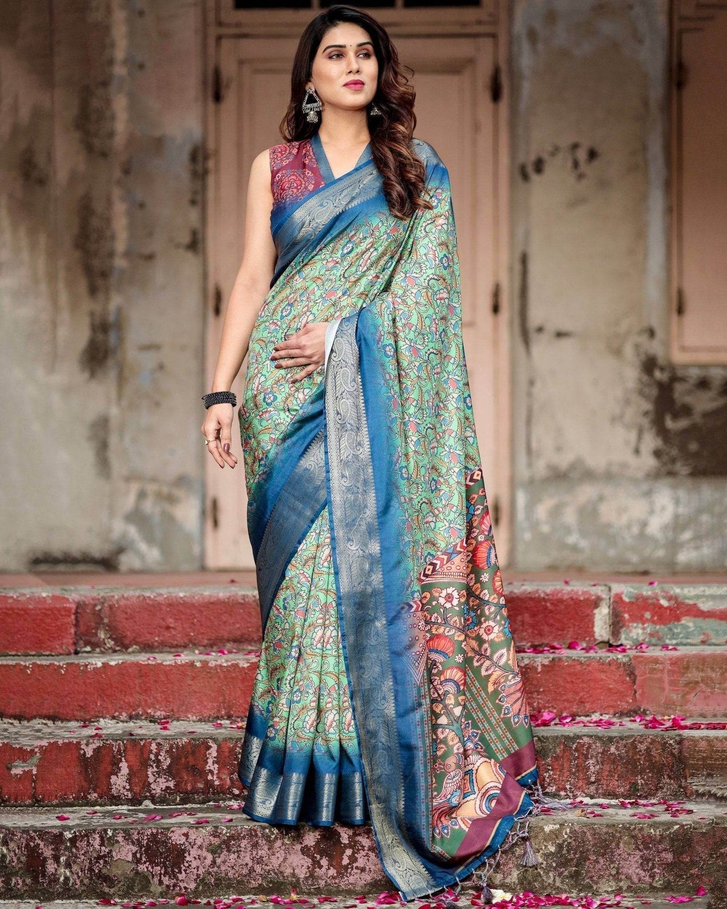 Majestic Blue and Green Digital Print Saree with Intricate Floral Motifs and Contrasting Pallu - SEEANS