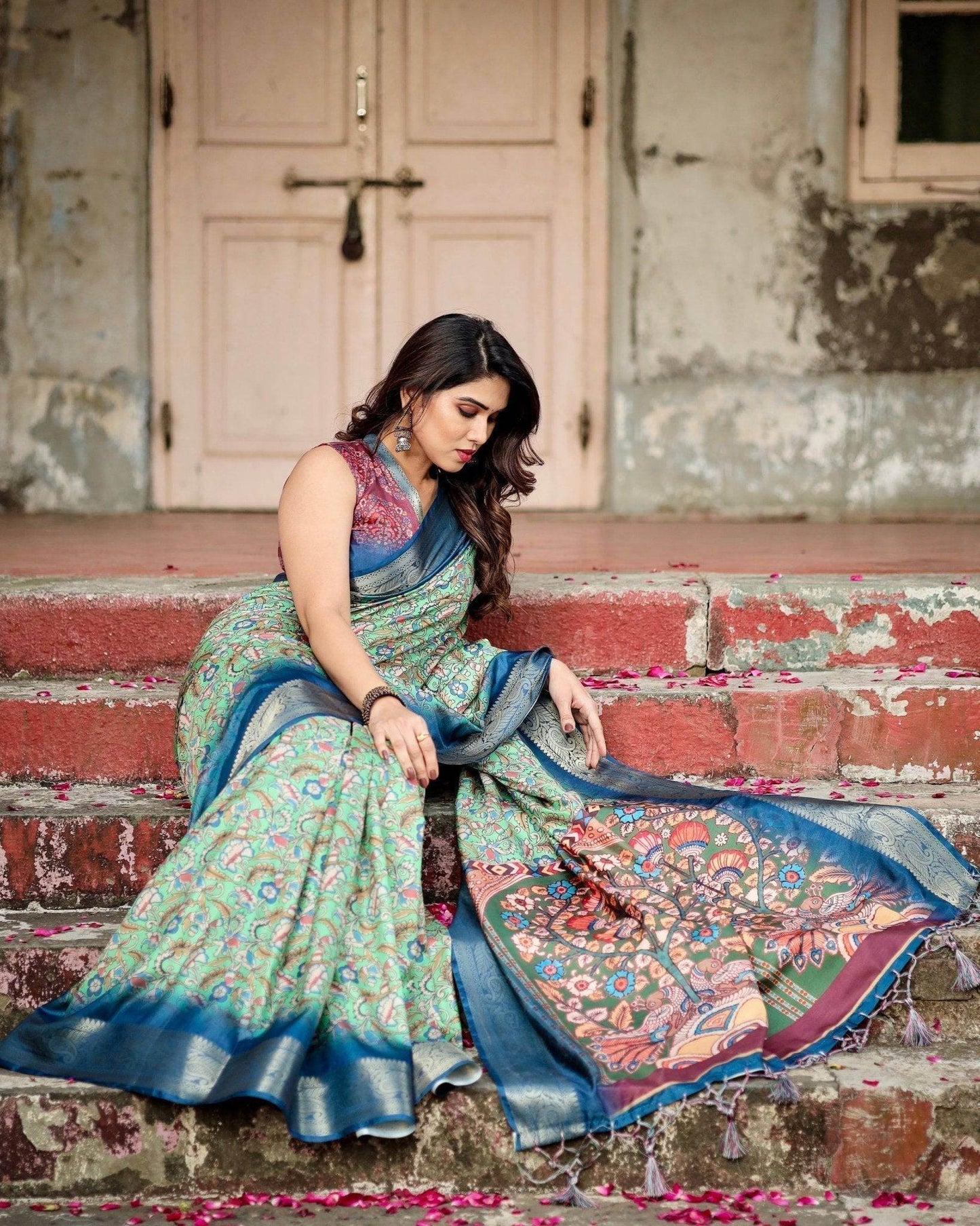 Majestic Blue and Green Digital Print Saree with Intricate Floral Motifs and Contrasting Pallu - SEEANS