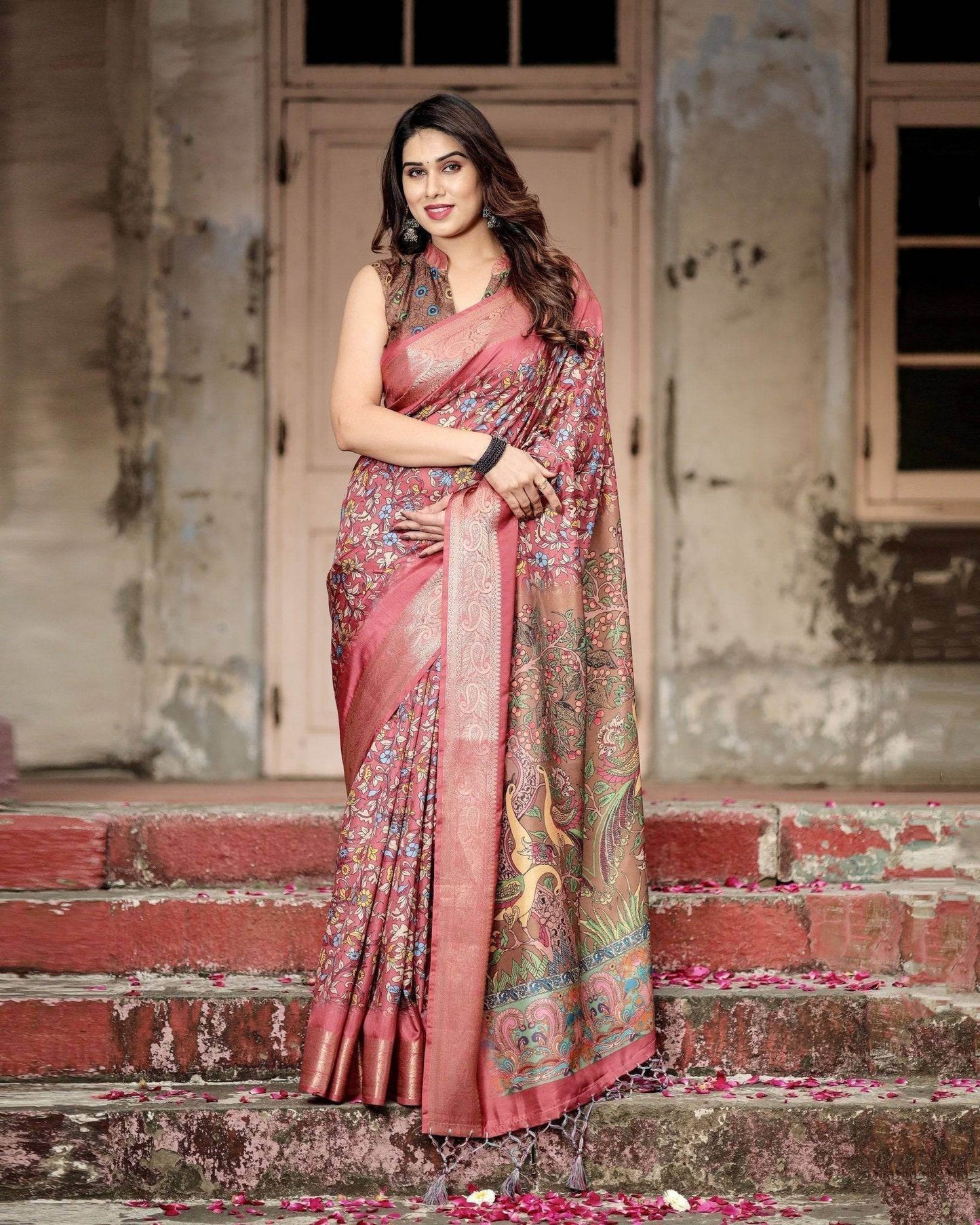 Rich Maroon Digital Print Saree with Antique Floral Design and Elegant Tassels - SEEANS