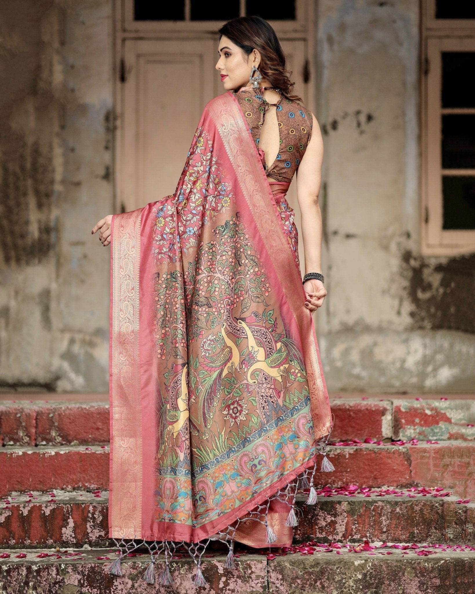 Rich Maroon Digital Print Saree with Antique Floral Design and Elegant Tassels - SEEANS