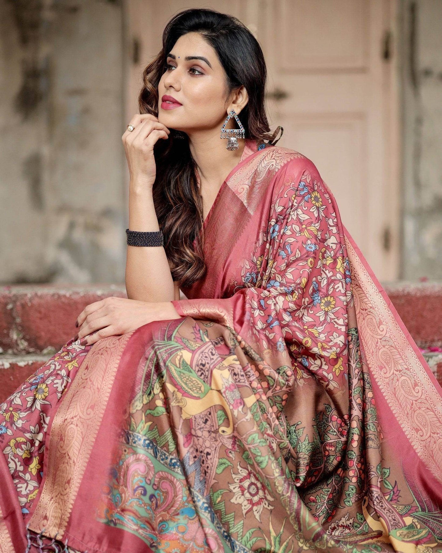 Rich Maroon Digital Print Saree with Antique Floral Design and Elegant Tassels - SEEANS