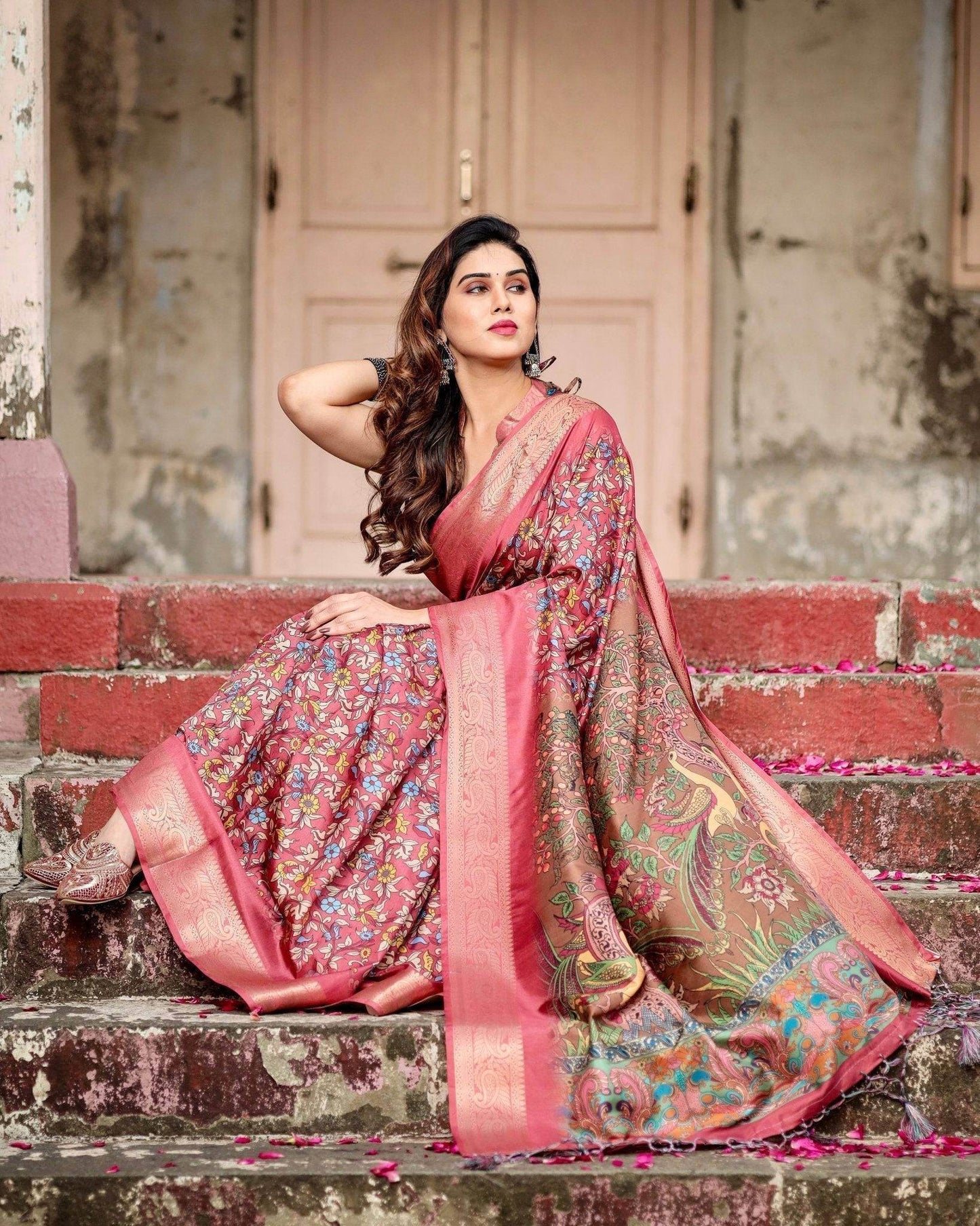 Rich Maroon Digital Print Saree with Antique Floral Design and Elegant Tassels - SEEANS