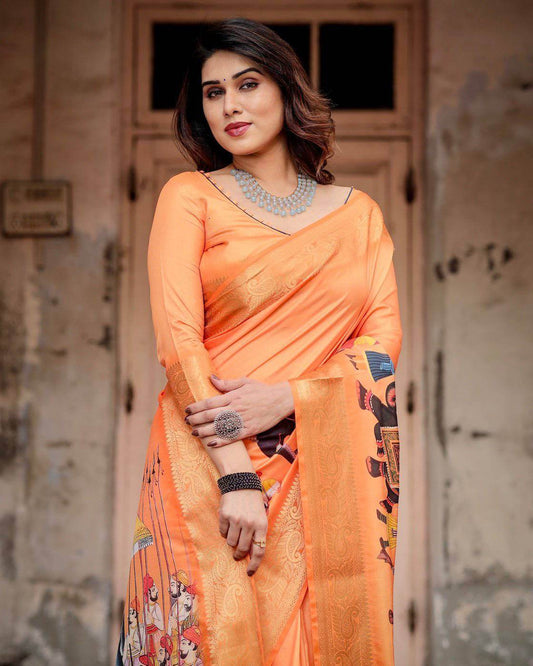 Sunset Orange Tussar Silk Saree with Royal Procession Pallu and Zari Border - SEEANS