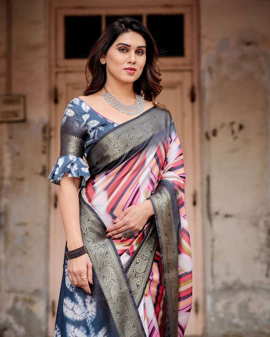 Geometric Multicolor Tussar Silk Saree with Charcoal Gray Zari Border and Abstract Pallu - SEEANS