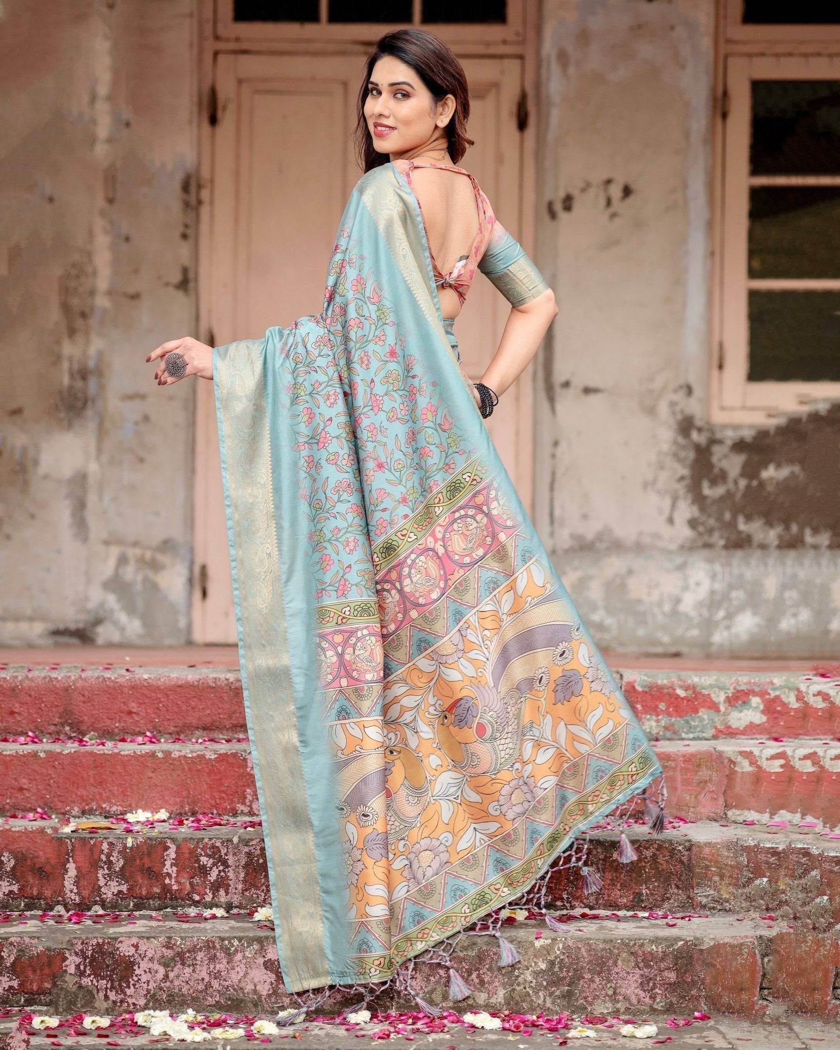 Sky Blue Tussar Silk Saree with Intricate Zari Border and Artistic Pallu Design - SEEANS