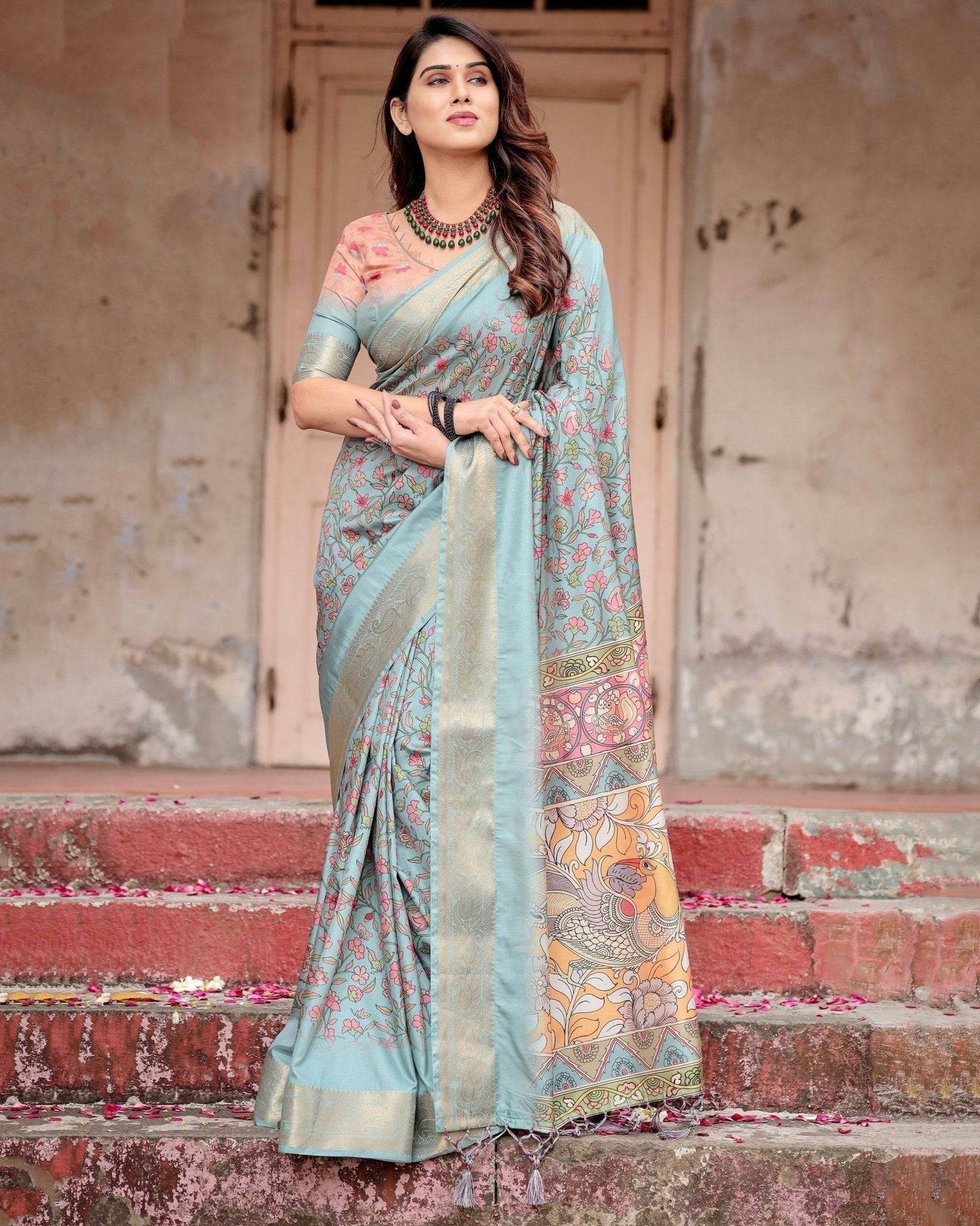 Sky Blue Tussar Silk Saree with Intricate Zari Border and Artistic Pallu Design - SEEANS