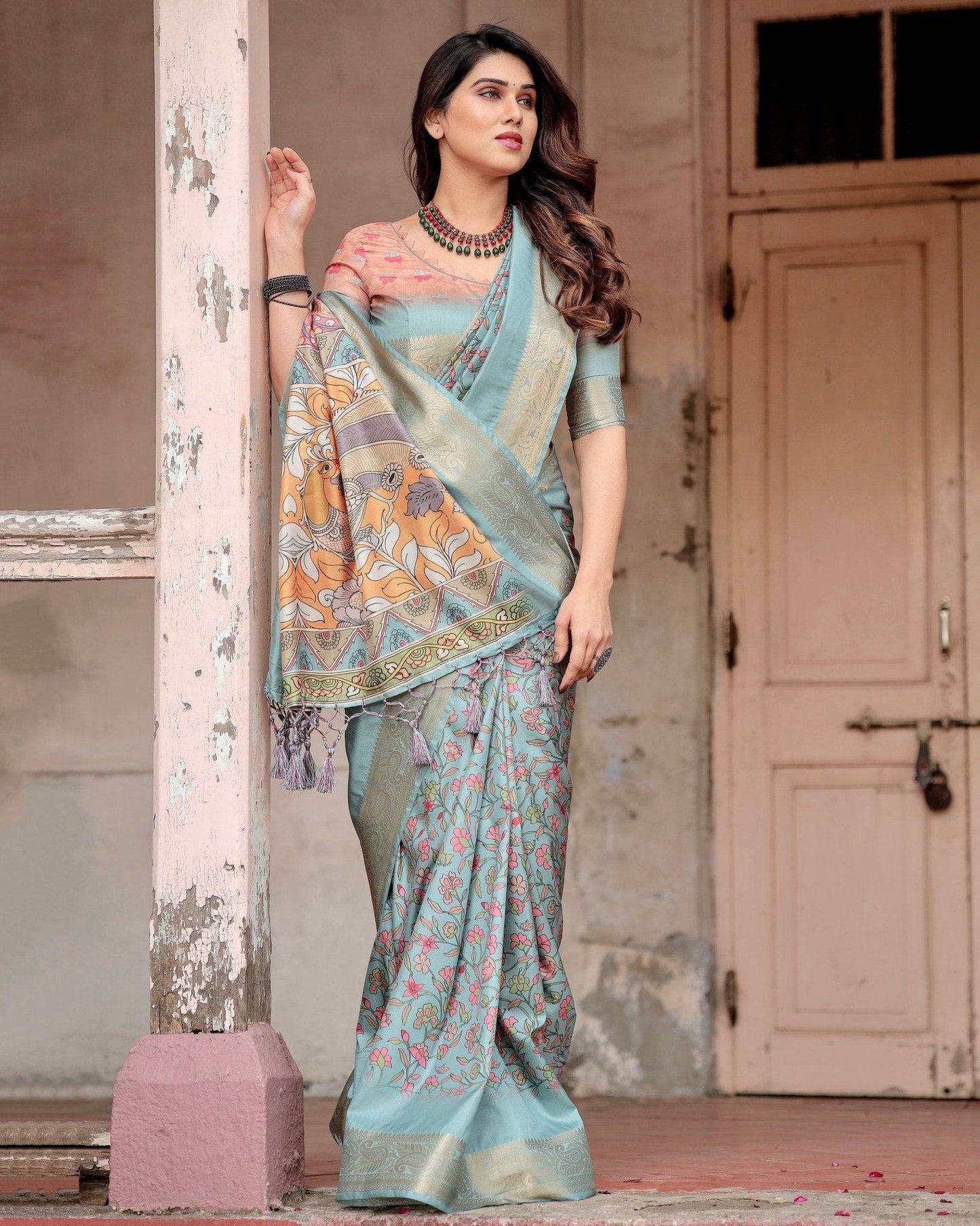 Sky Blue Tussar Silk Saree with Intricate Zari Border and Artistic Pallu Design - SEEANS