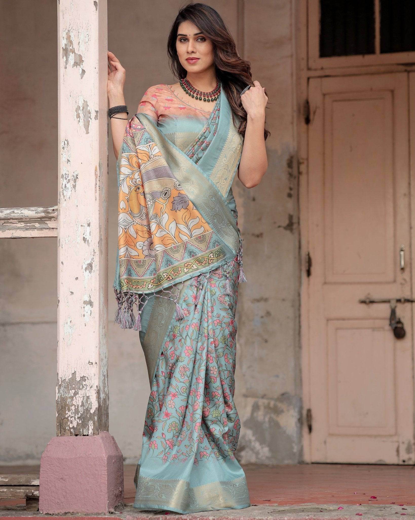 Sky Blue Tussar Silk Saree with Intricate Zari Border and Artistic Pallu Design - SEEANS