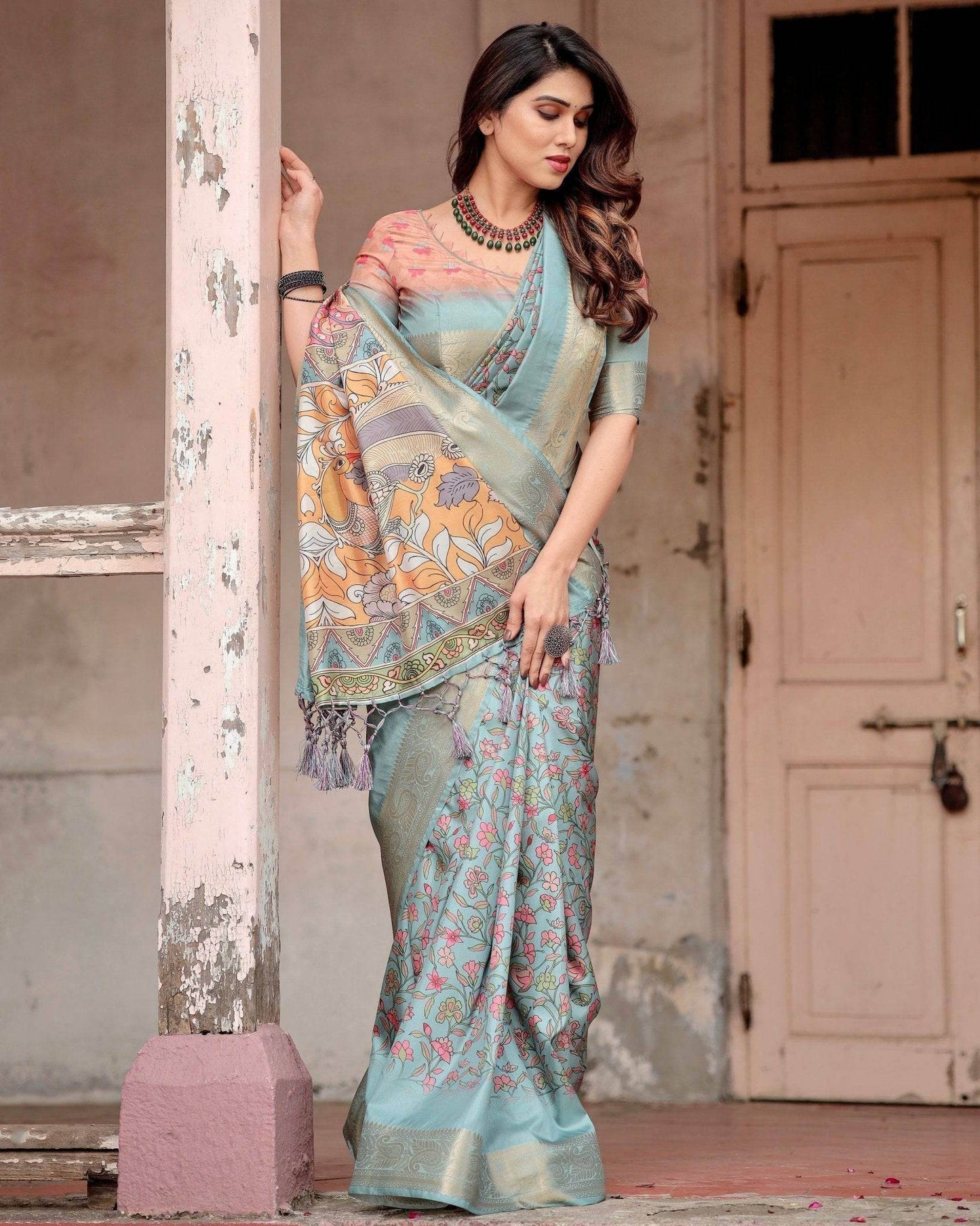 Sky Blue Tussar Silk Saree with Intricate Zari Border and Artistic Pallu Design - SEEANS