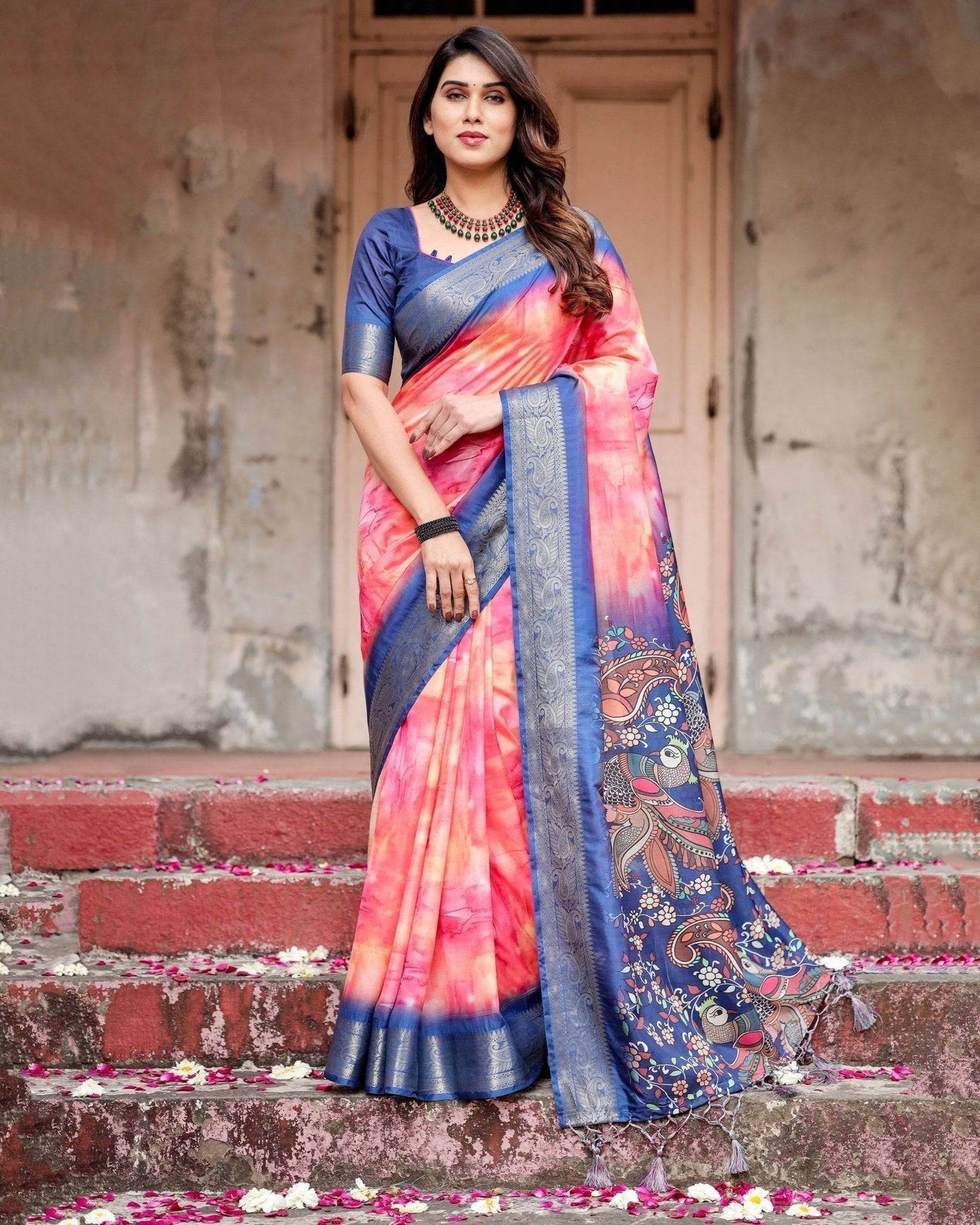 Pink and Blue Digital Printed Saree with Peacock Motif and Tassel Detail - SEEANS