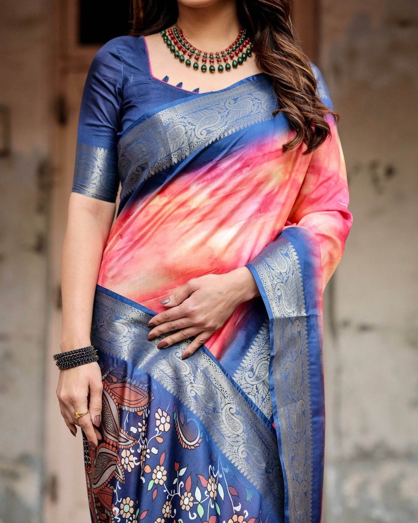 Pink and Blue Digital Printed Saree with Peacock Motif and Tassel Detail - SEEANS