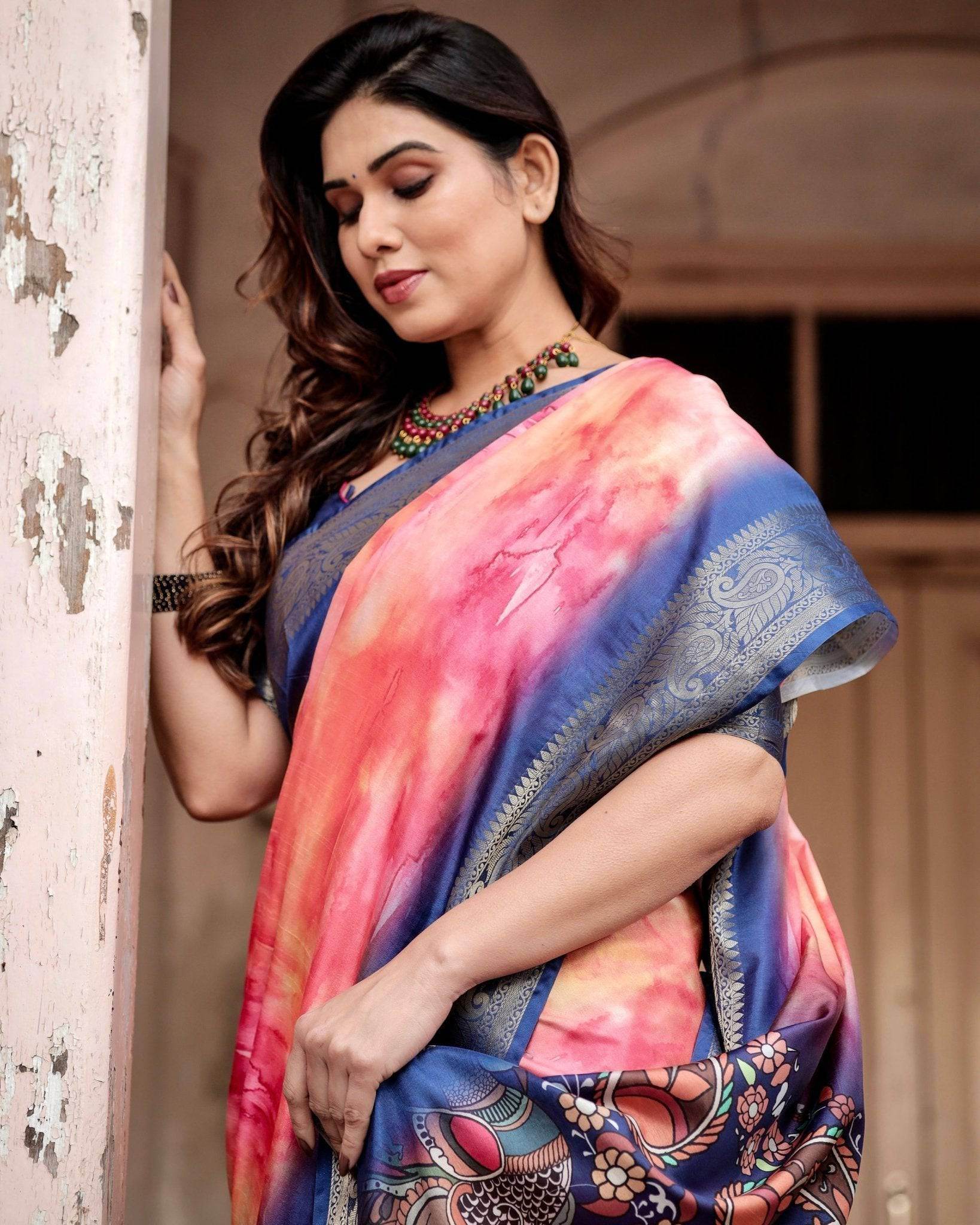 Pink and Blue Digital Printed Saree with Peacock Motif and Tassel Detail - SEEANS