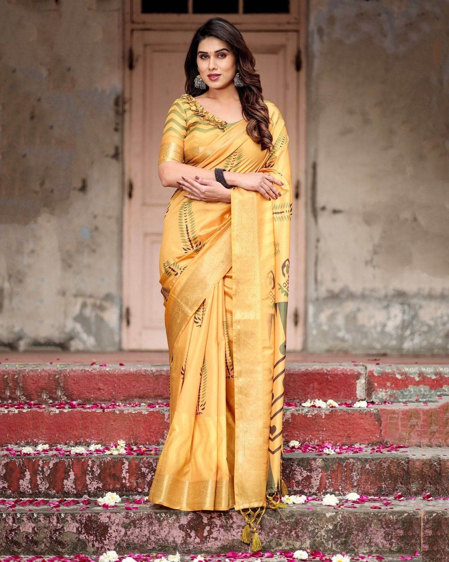 Golden Yellow Digital Printed Saree with Abstract Patterns and Tassel Detailing - SEEANS