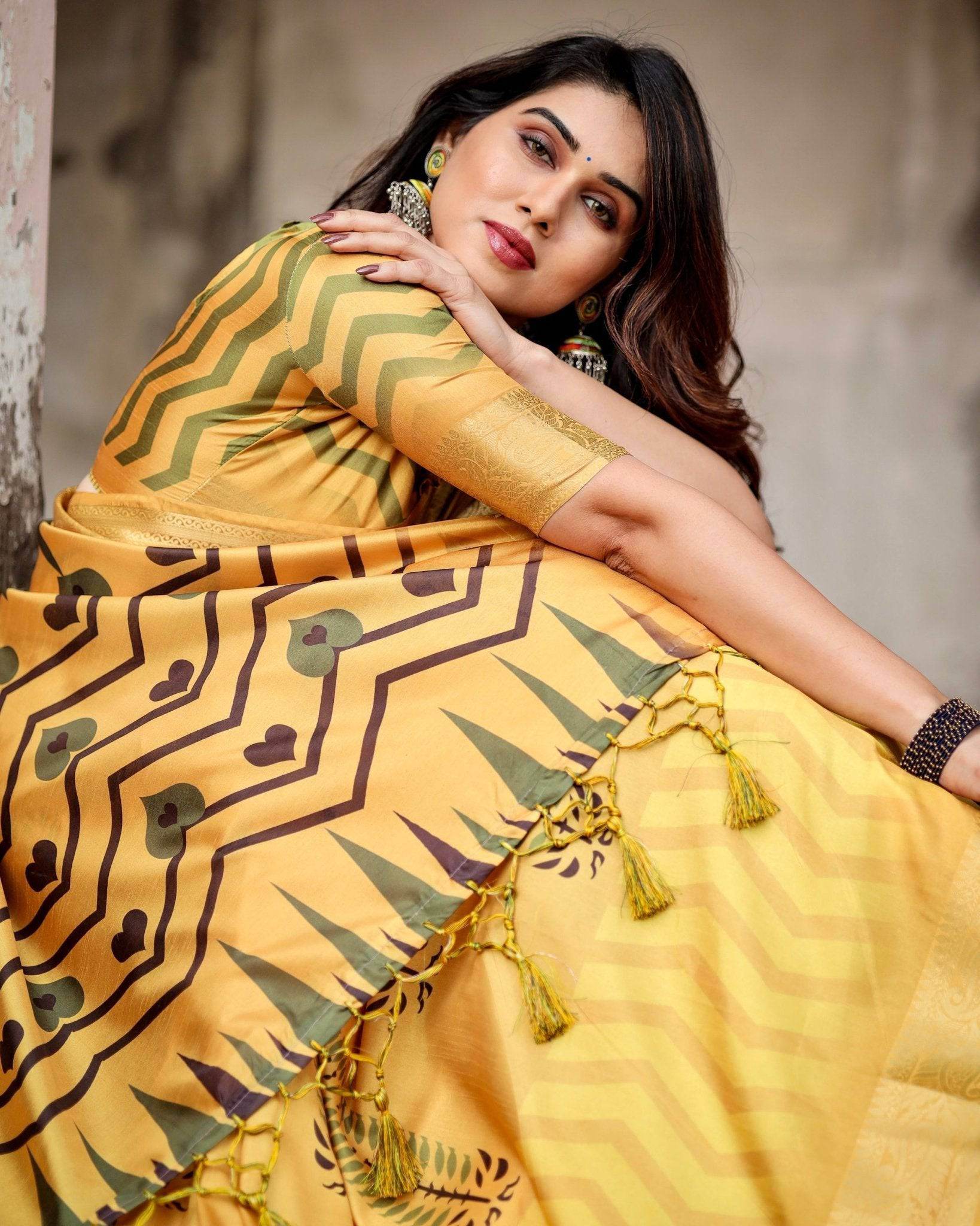 Golden Yellow Digital Printed Saree with Abstract Patterns and Tassel Detailing - SEEANS