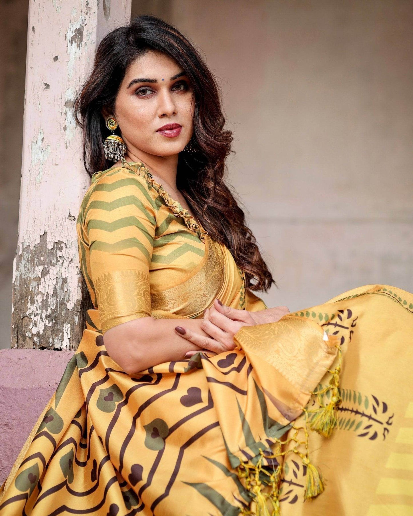 Golden Yellow Digital Printed Saree with Abstract Patterns and Tassel Detailing - SEEANS