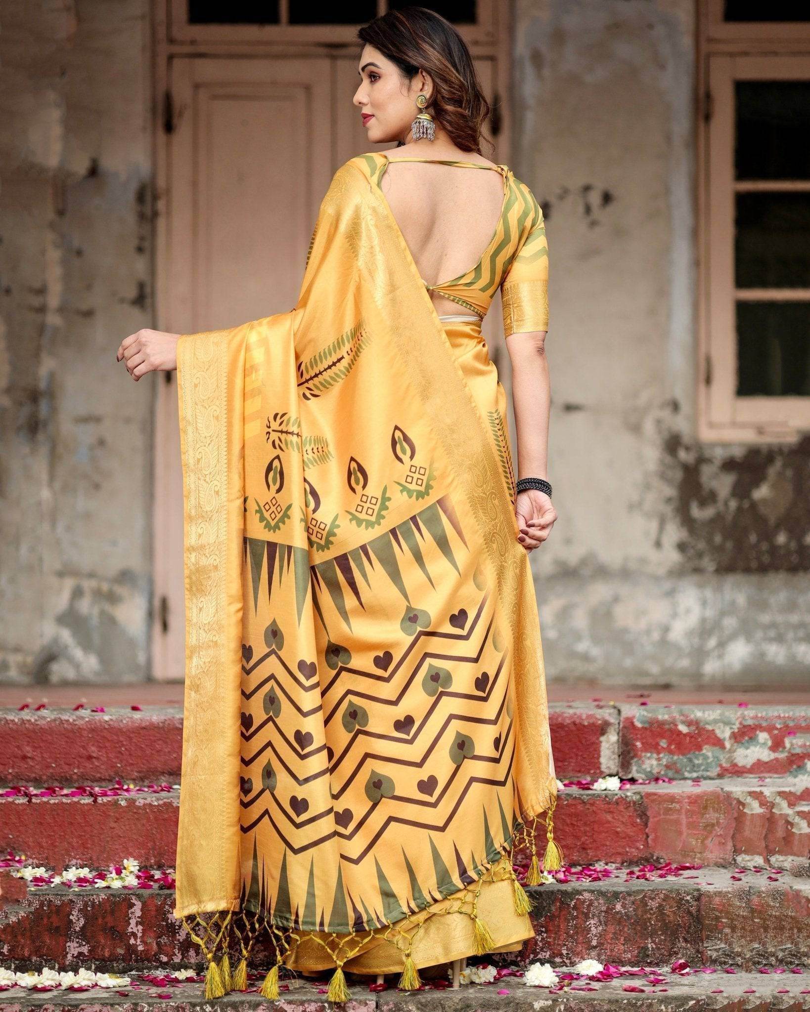 Golden Yellow Digital Printed Saree with Abstract Patterns and Tassel Detailing - SEEANS