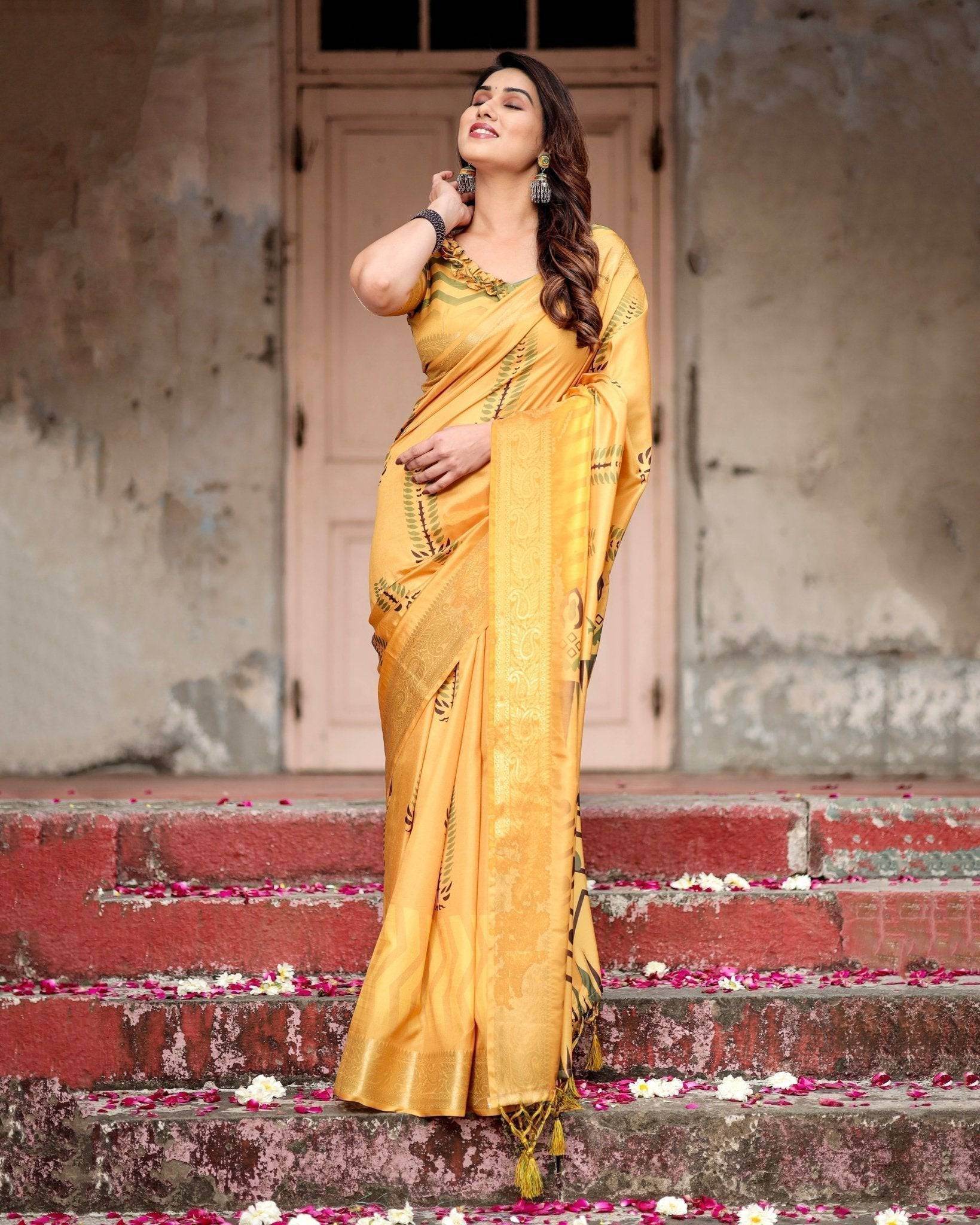 Golden Yellow Digital Printed Saree with Abstract Patterns and Tassel Detailing - SEEANS