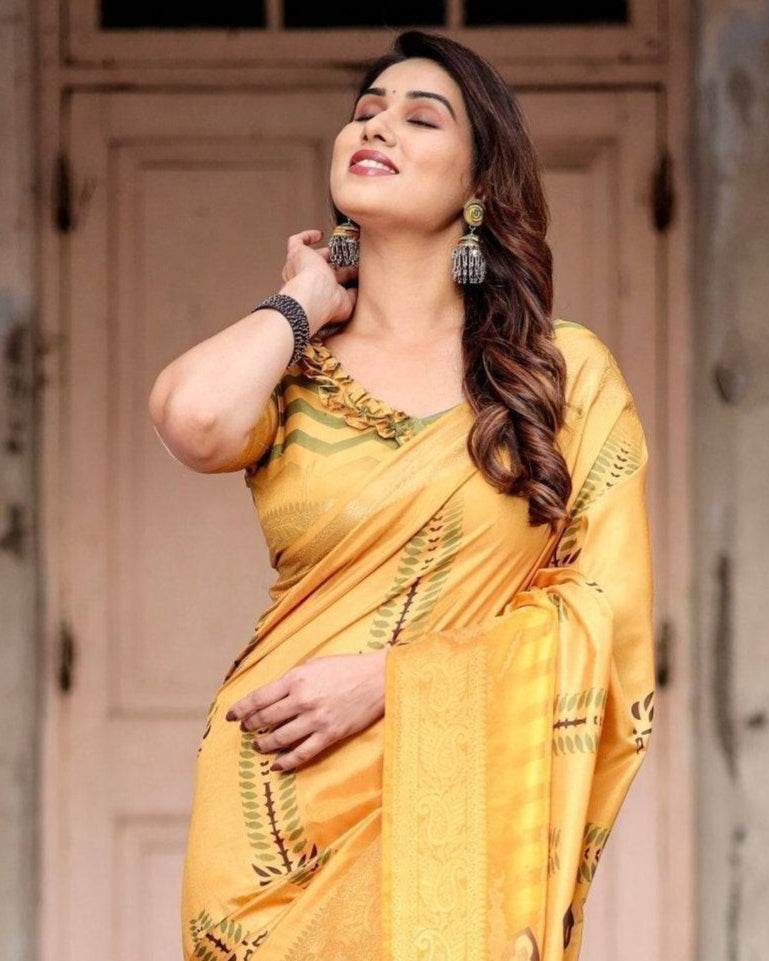 Golden Yellow Digital Printed Saree with Abstract Patterns and Tassel Detailing - SEEANS