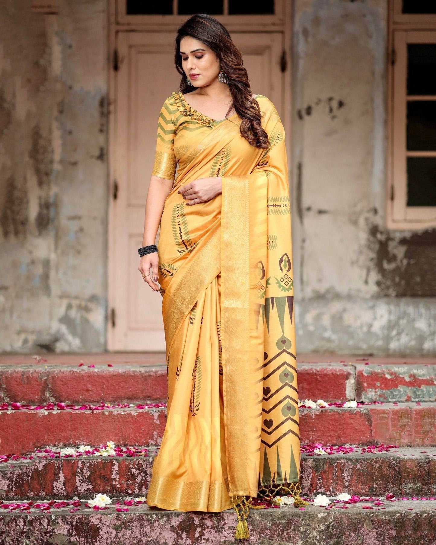 Golden Yellow Digital Printed Saree with Abstract Patterns and Tassel Detailing - SEEANS