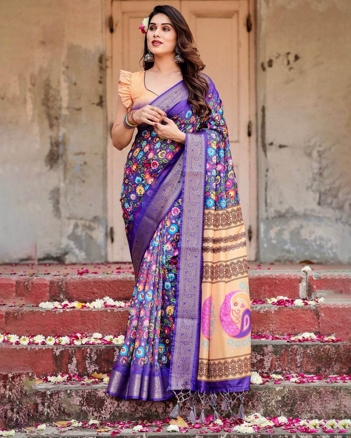 Royal Purple Tussar Silk Saree with Vibrant Floral Print and Peacock Motif Pallu - SEEANS