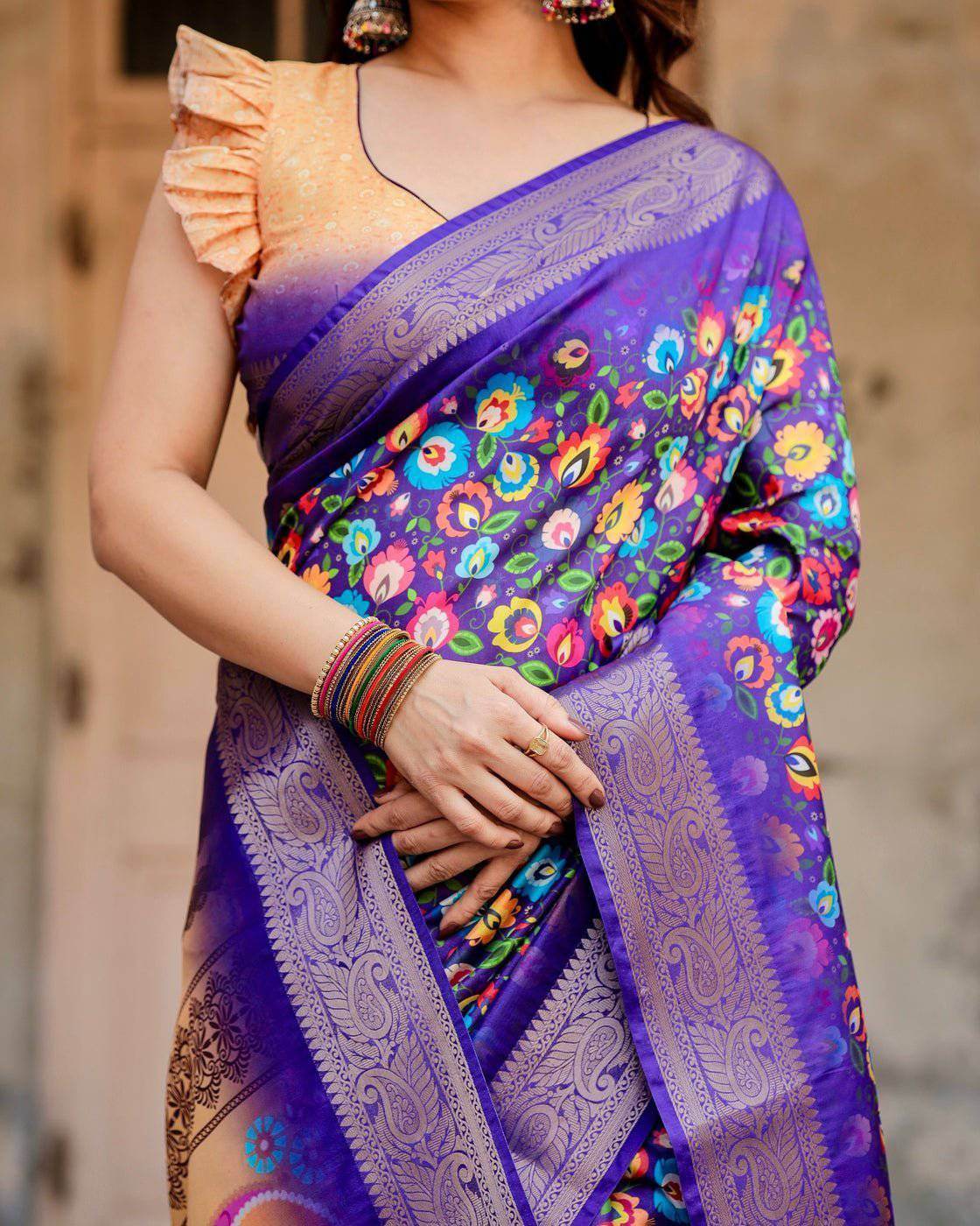 Royal Purple Tussar Silk Saree with Vibrant Floral Print and Peacock Motif Pallu - SEEANS