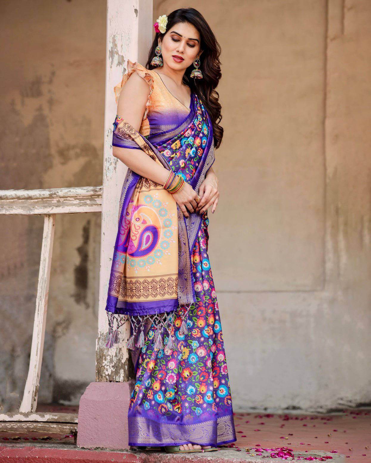 Royal Purple Tussar Silk Saree with Vibrant Floral Print and Peacock Motif Pallu - SEEANS