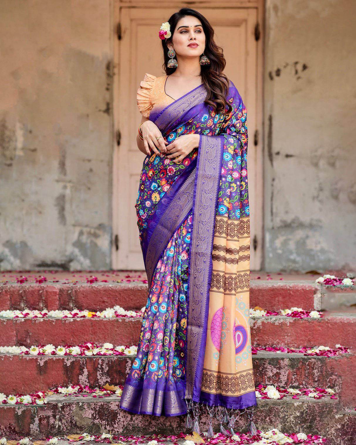 Royal Purple Tussar Silk Saree with Vibrant Floral Print and Peacock Motif Pallu - SEEANS