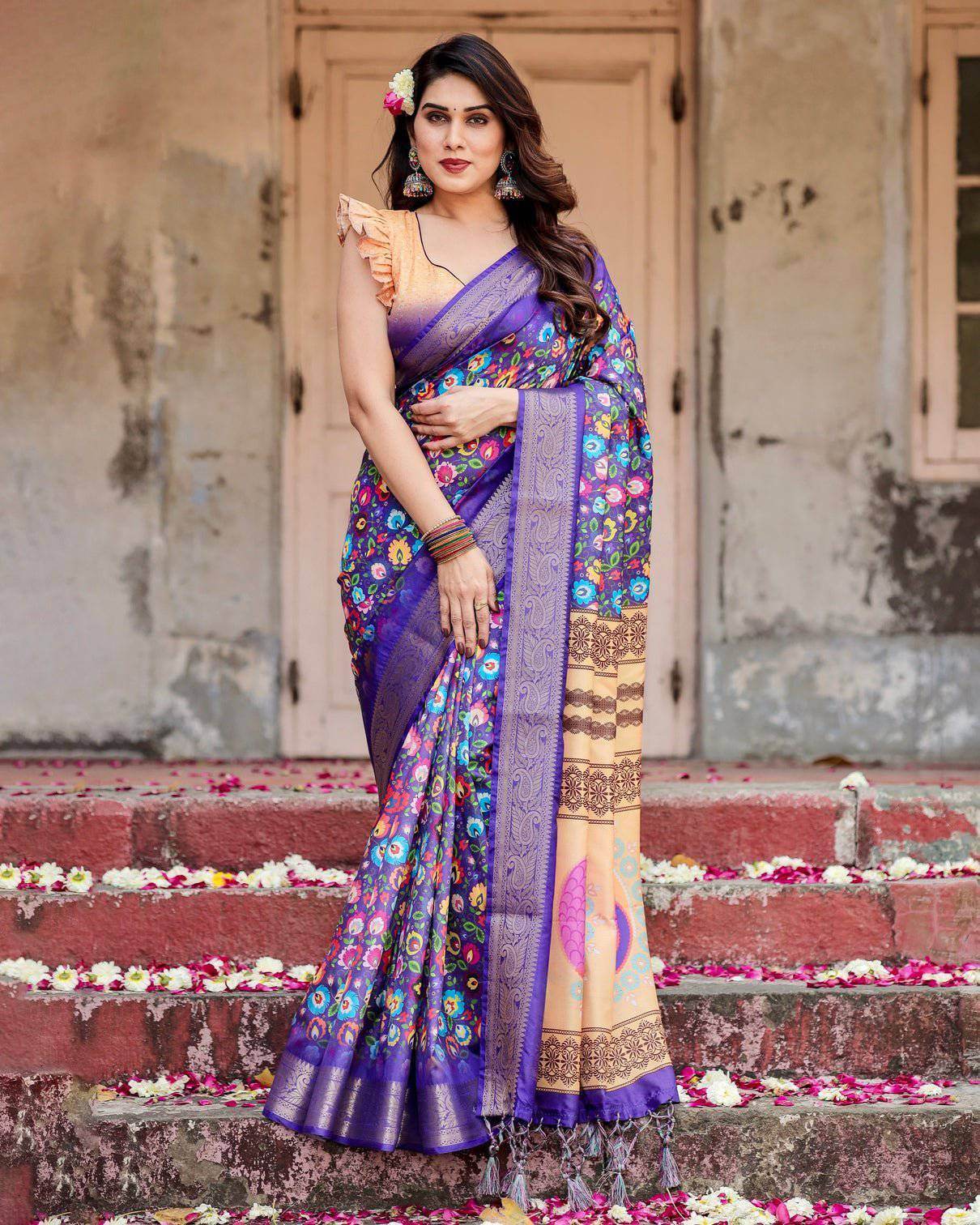 Royal Purple Tussar Silk Saree with Vibrant Floral Print and Peacock Motif Pallu - SEEANS