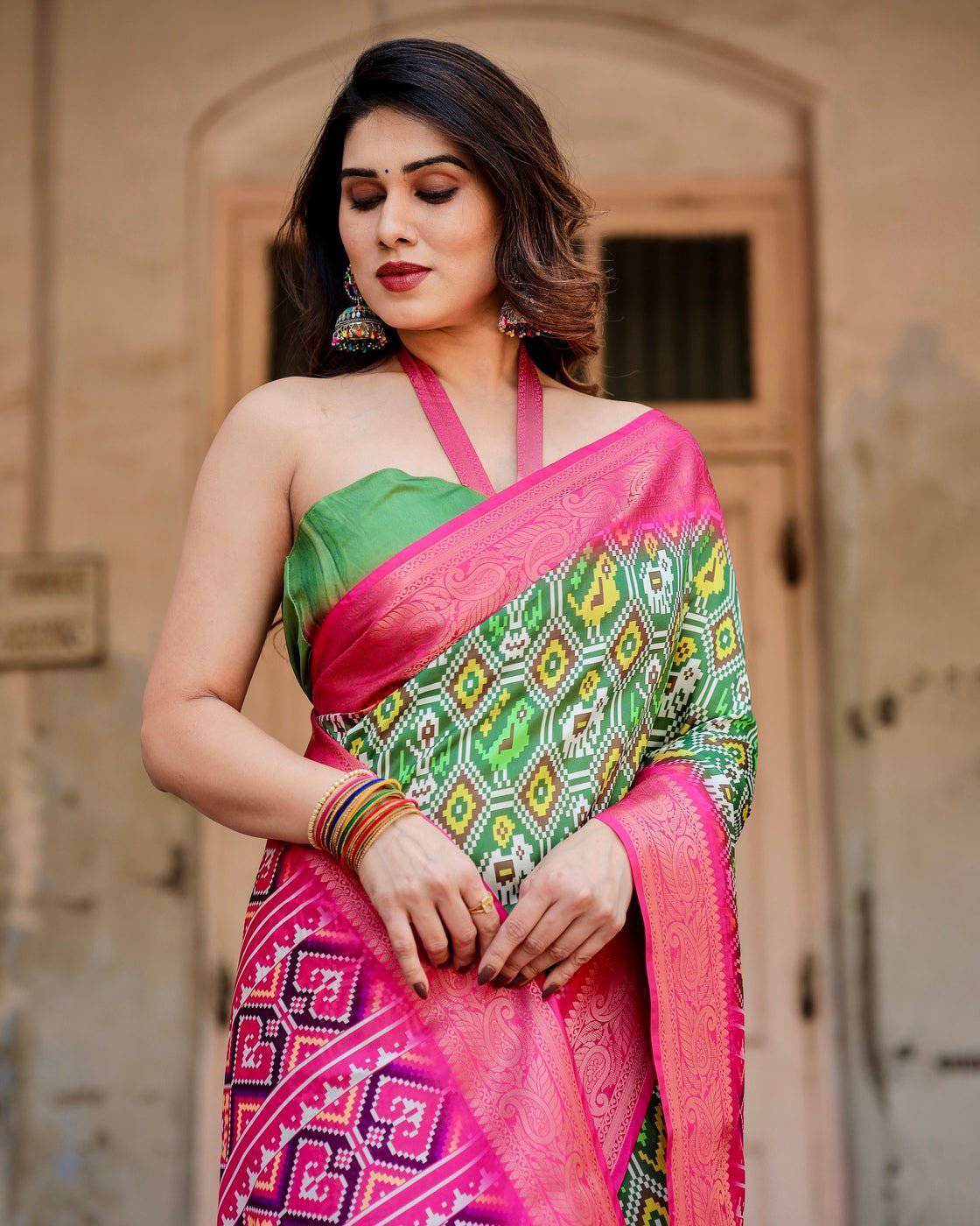 Green and Pink Tussar Silk Saree with Vibrant Ikat Patterns and Zari Border - SEEANS