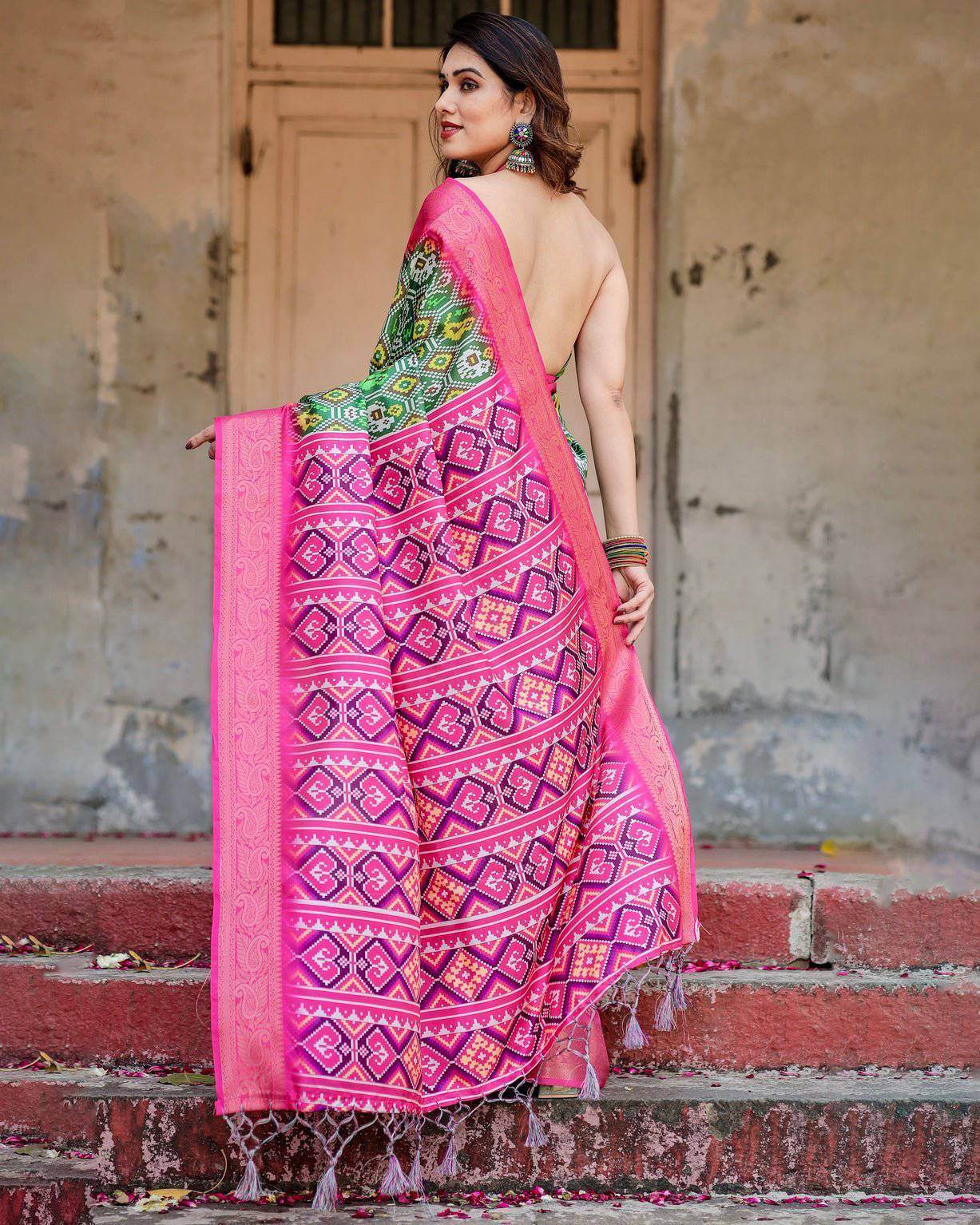 Green and Pink Tussar Silk Saree with Vibrant Ikat Patterns and Zari Border - SEEANS