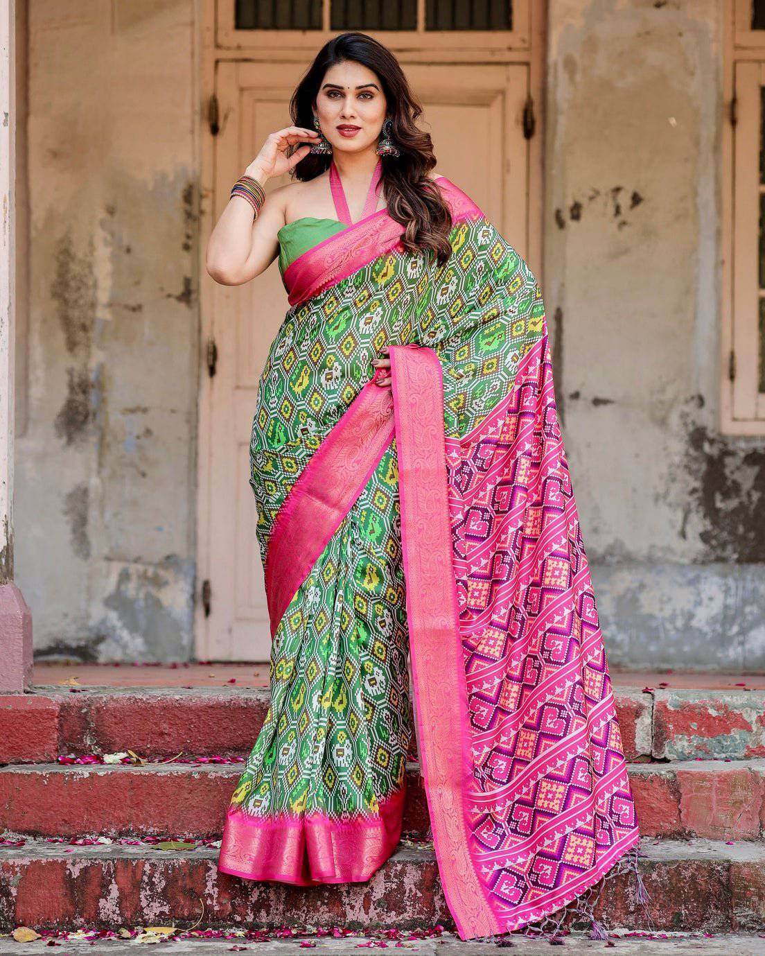 Green and Pink Tussar Silk Saree with Vibrant Ikat Patterns and Zari Border - SEEANS