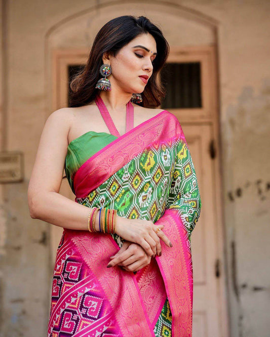 Green and Pink Tussar Silk Saree with Vibrant Ikat Patterns and Zari Border - SEEANS