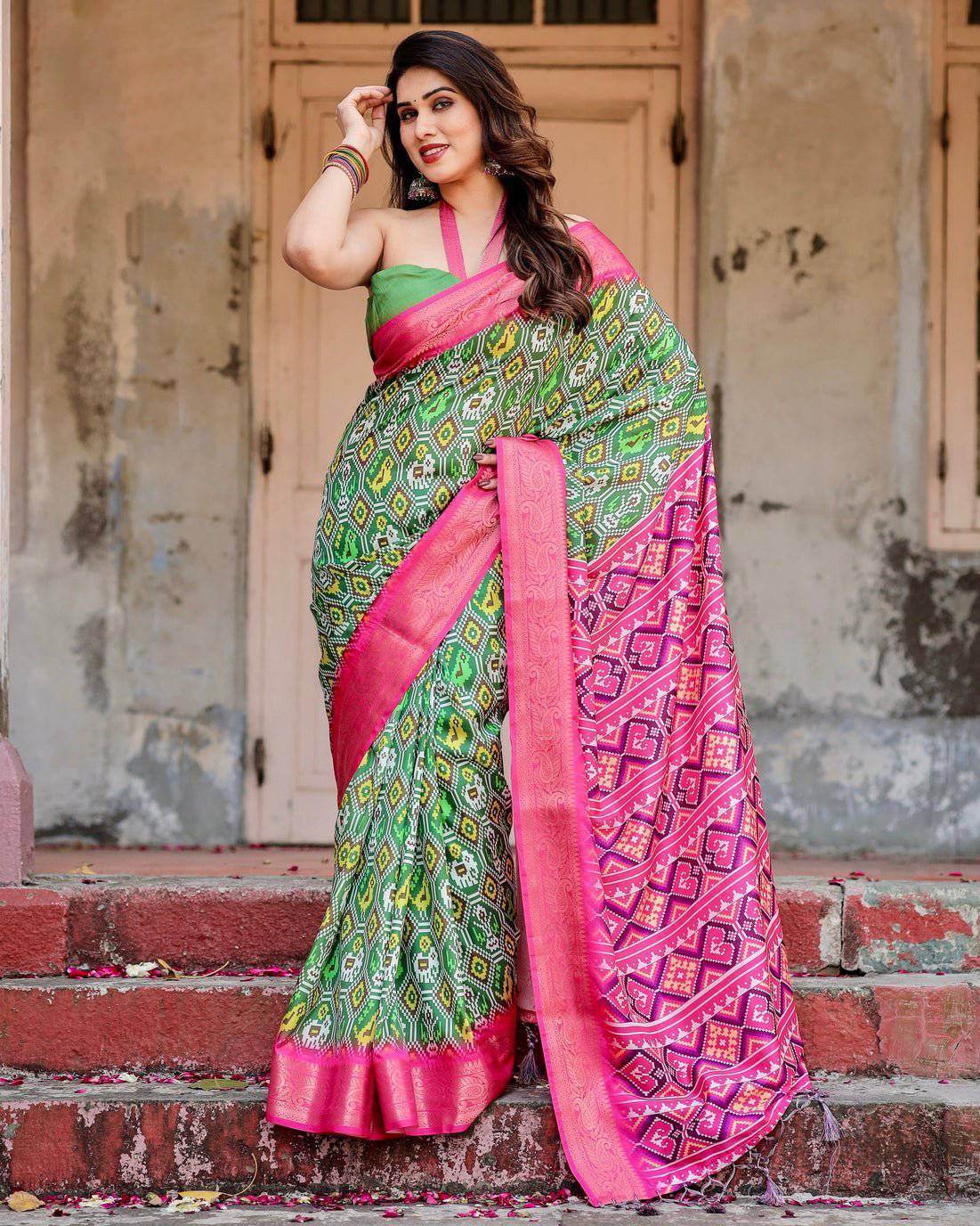 Green and Pink Tussar Silk Saree with Vibrant Ikat Patterns and Zari Border - SEEANS